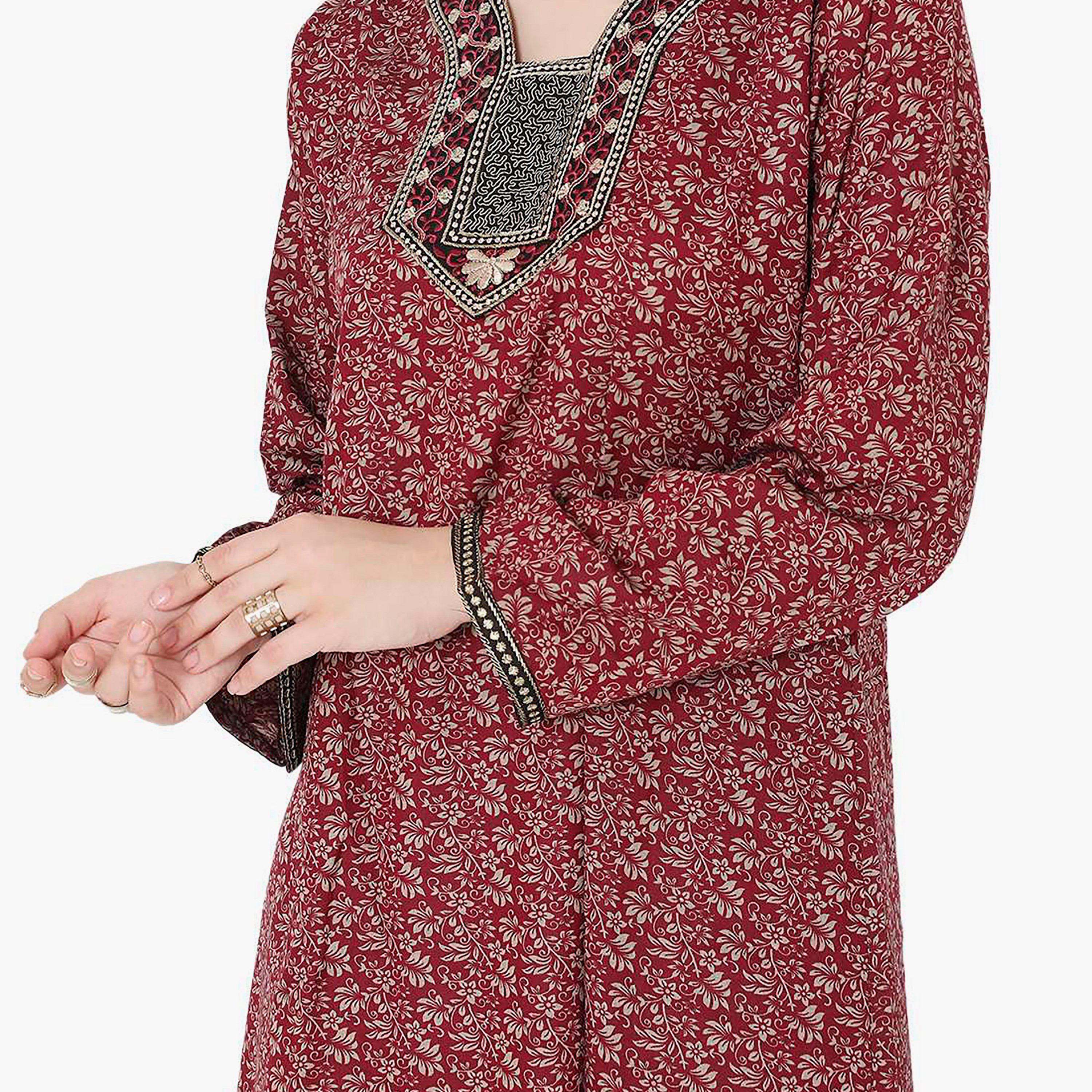 Hana & Sara Floral Embroidered Knot Neck Detail Women's Jalabiya-women-arabicclothing-jalabiyas-image-12