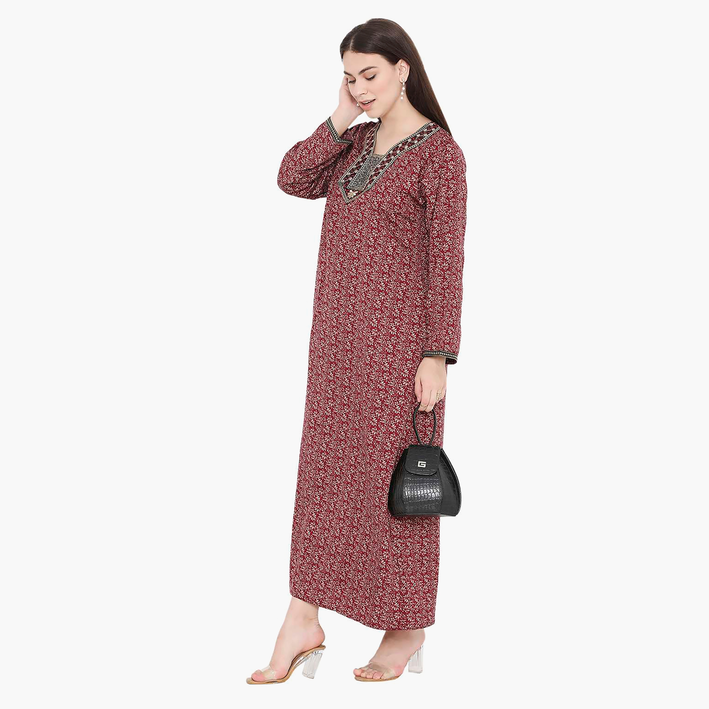 Hana & Sara Floral Embroidered Knot Neck Detail Women's Jalabiya-women-arabicclothing-jalabiyas-image-13