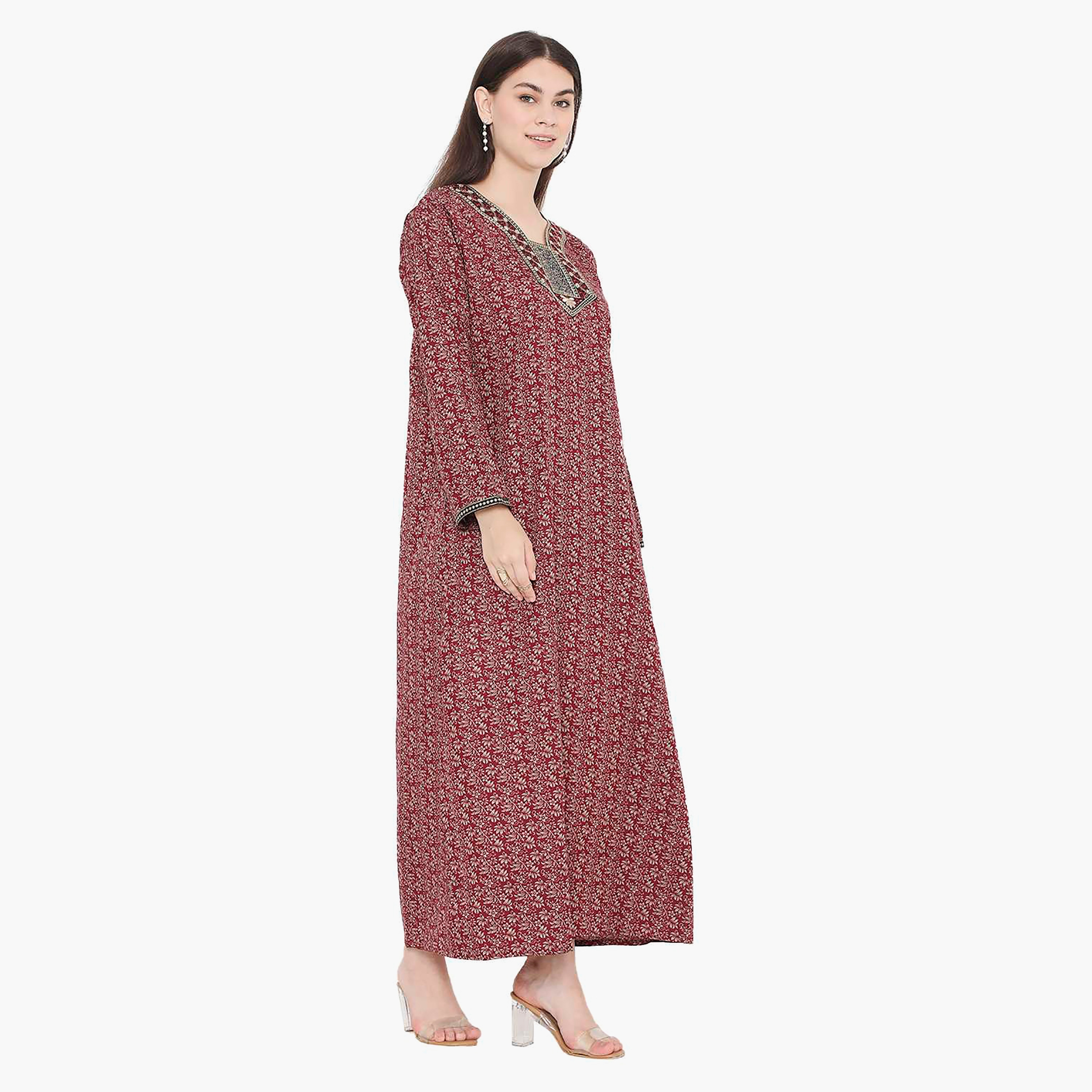 Hana & Sara Floral Embroidered Knot Neck Detail Women's Jalabiya-women-arabicclothing-jalabiyas-image-14