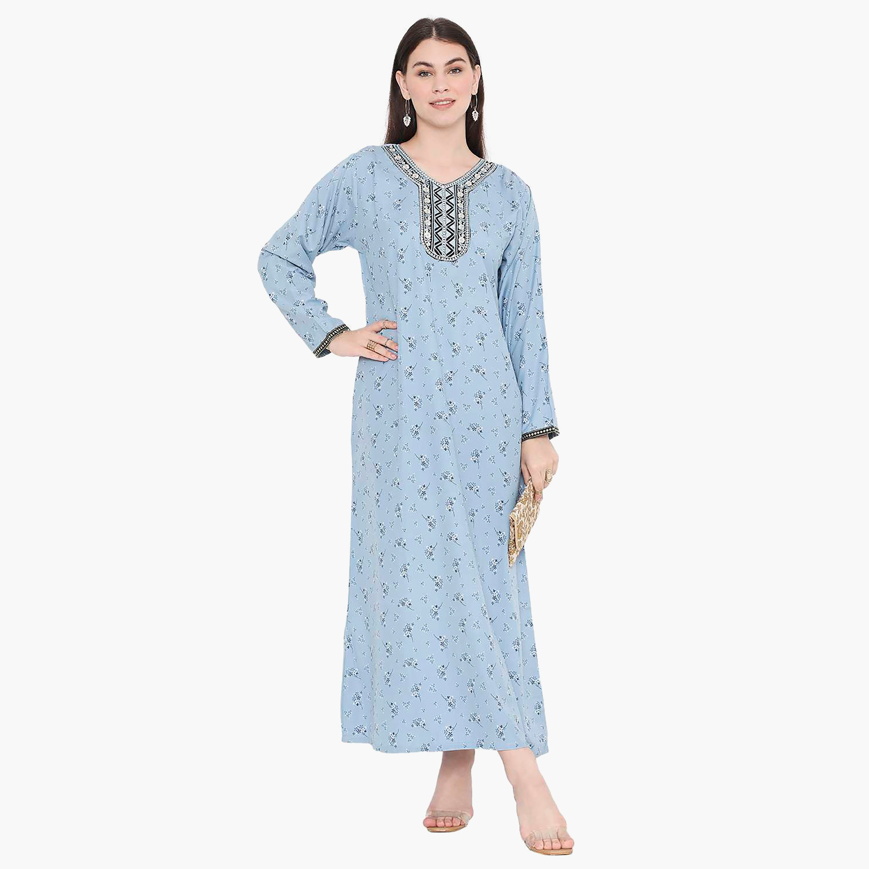 جلابية نسائية مطرزة بالزهور وعقدة عنق من هانا آند سارة-women-arabicclothing-jalabiyas-image-1