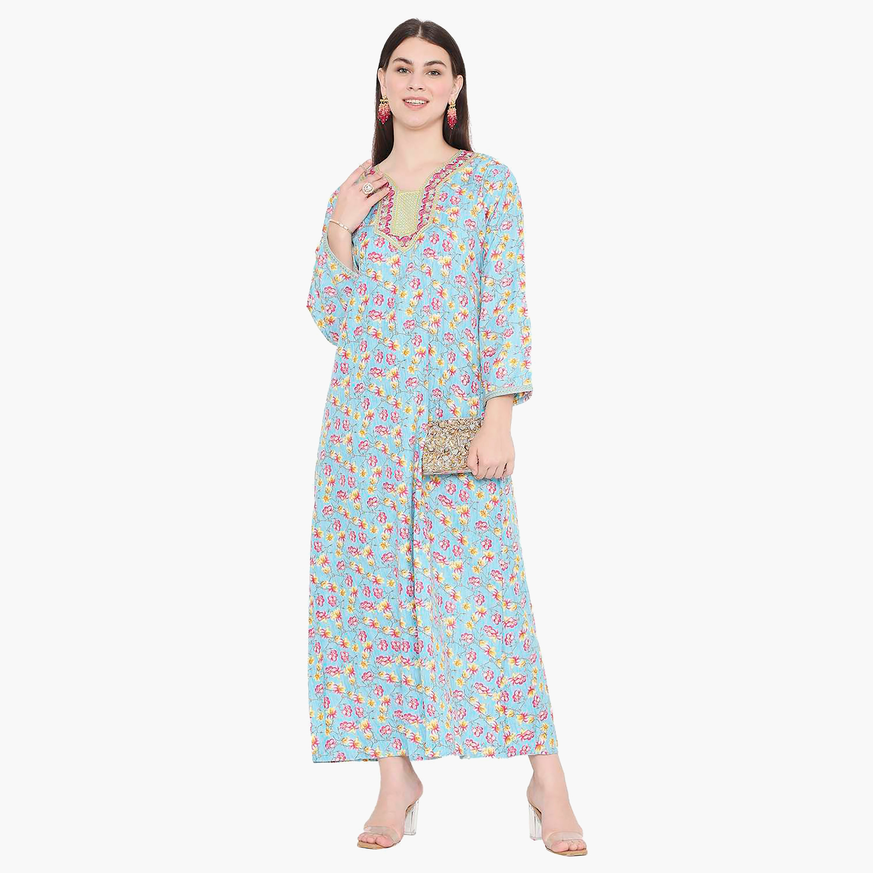 Hana & Sara Floral Embroidered Knot Neck Detail Women's Jalabiya-women-arabicclothing-jalabiyas-image-1