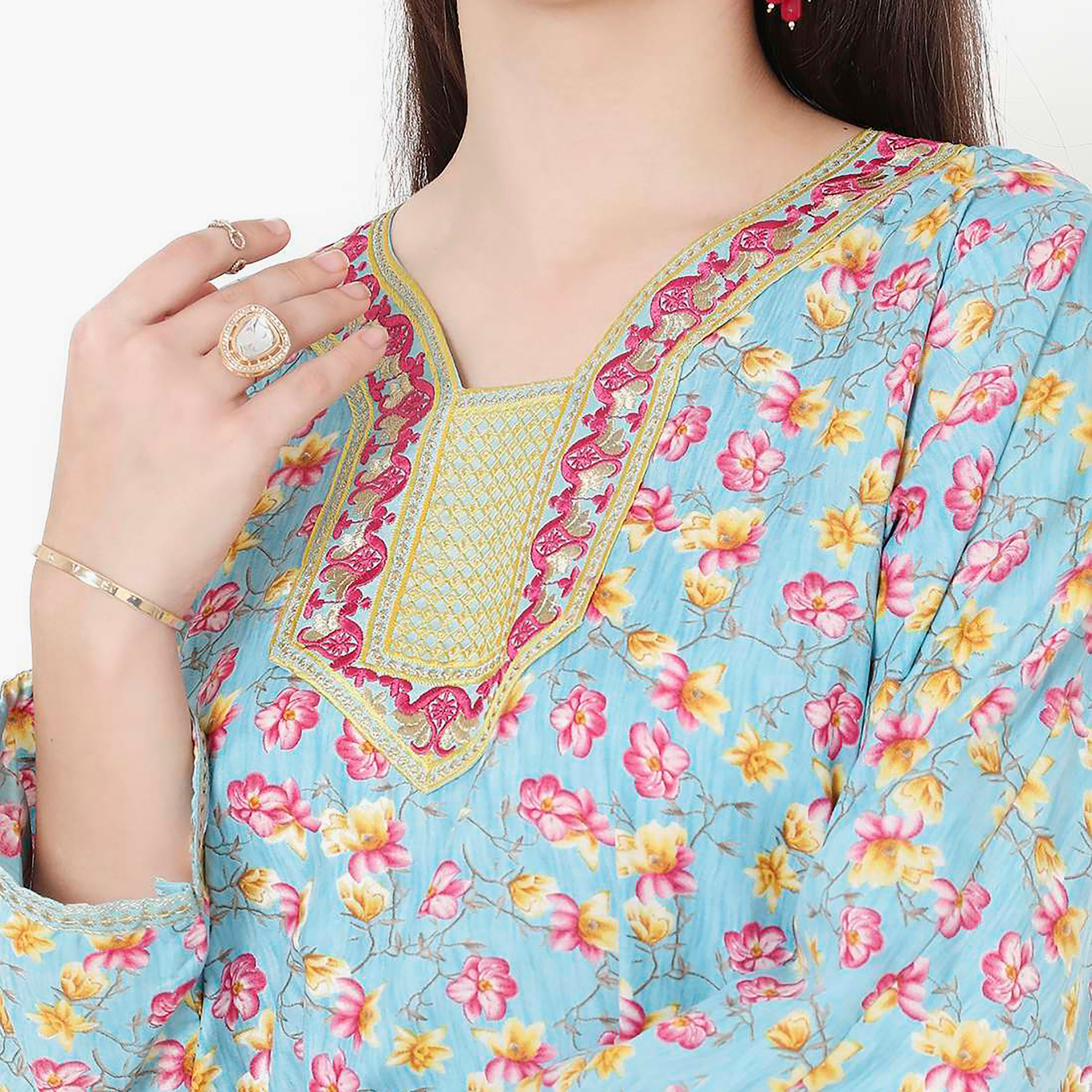 Hana & Sara Floral Embroidered Knot Neck Detail Women's Jalabiya-women-arabicclothing-jalabiyas-image-2