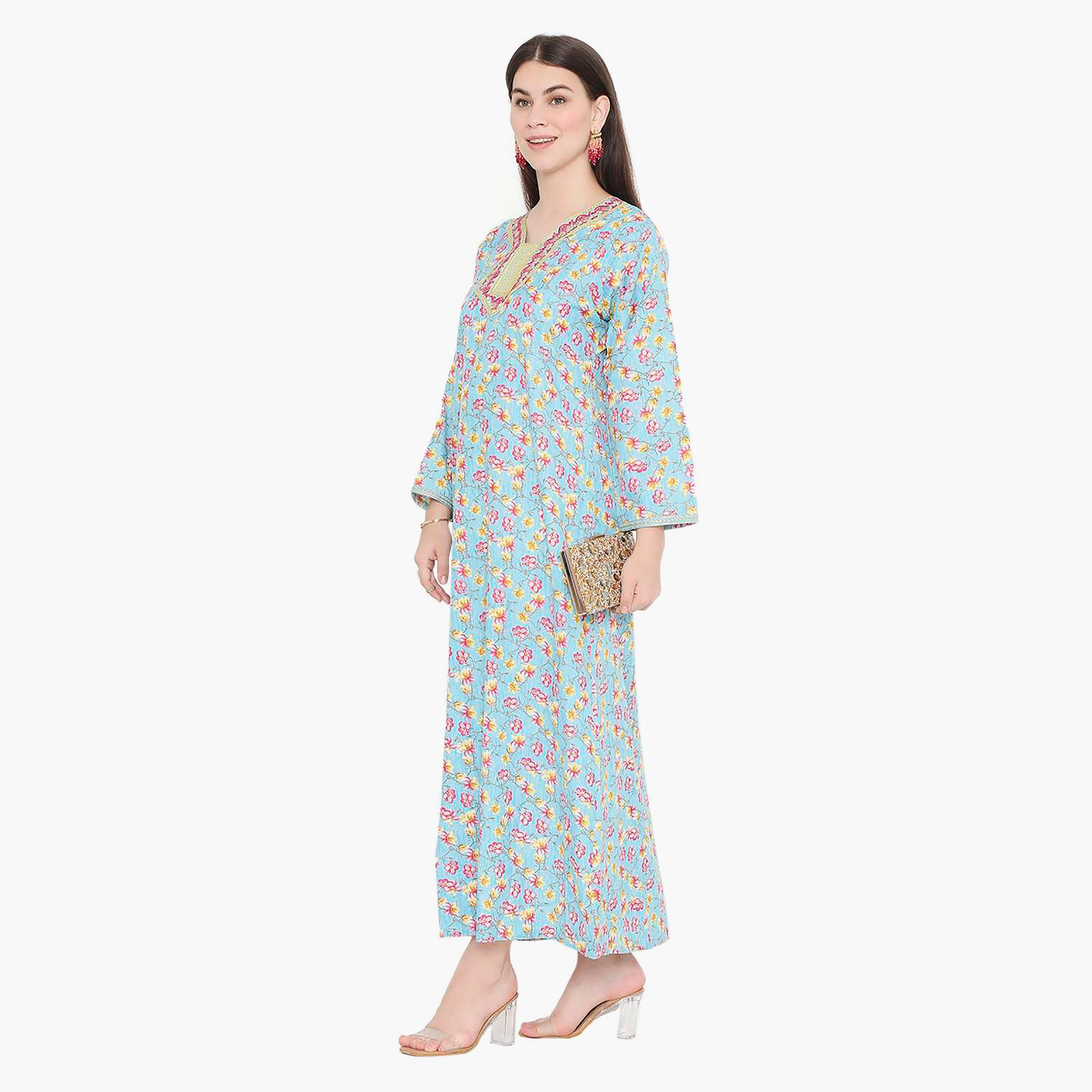 Hana & Sara Floral Embroidered Knot Neck Detail Women's Jalabiya-women-arabicclothing-jalabiyas-image-3