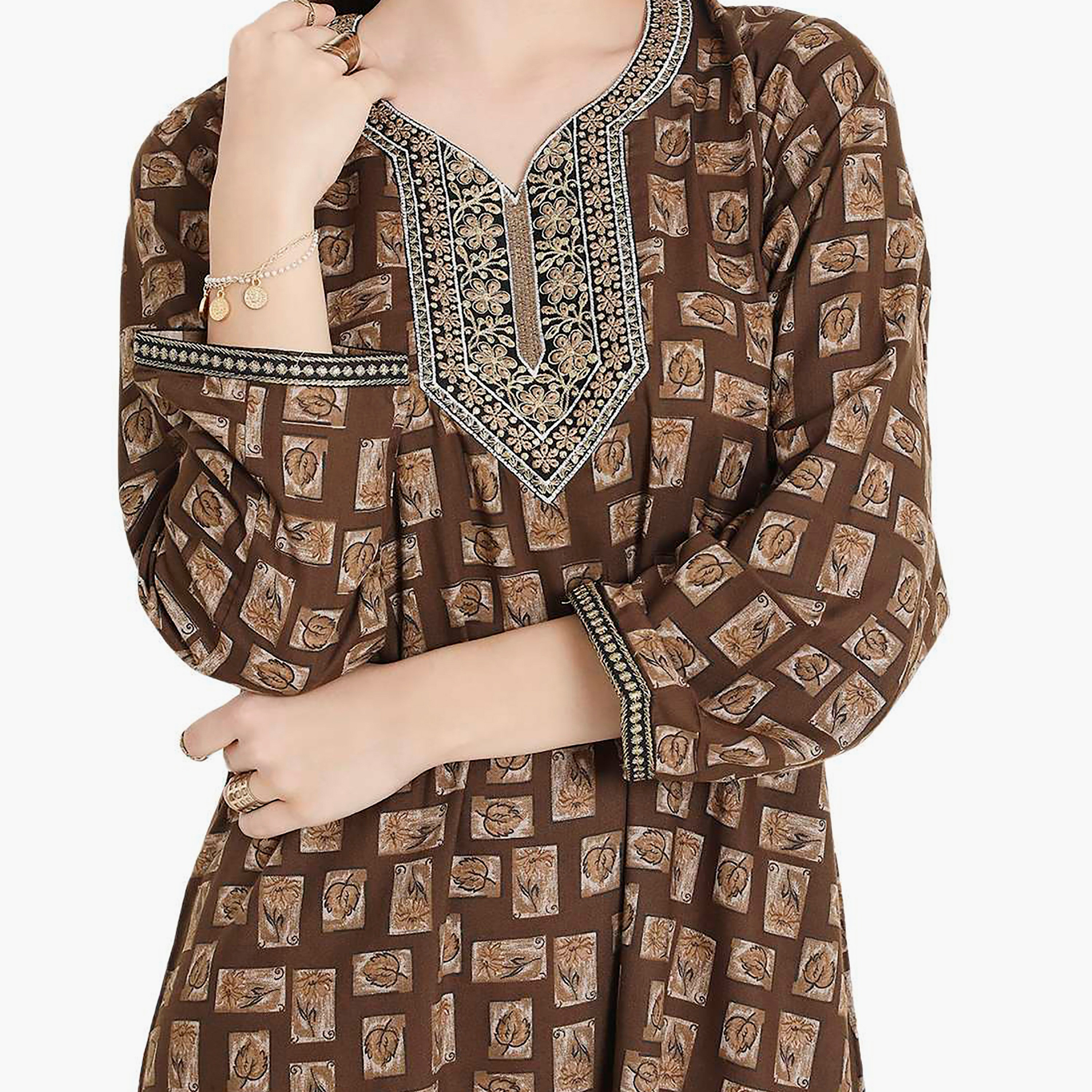 Hana & Sara Printed Embroidered Knot Neck Detail Women's Jalabiya-women-arabicclothing-jalabiyas-image-2