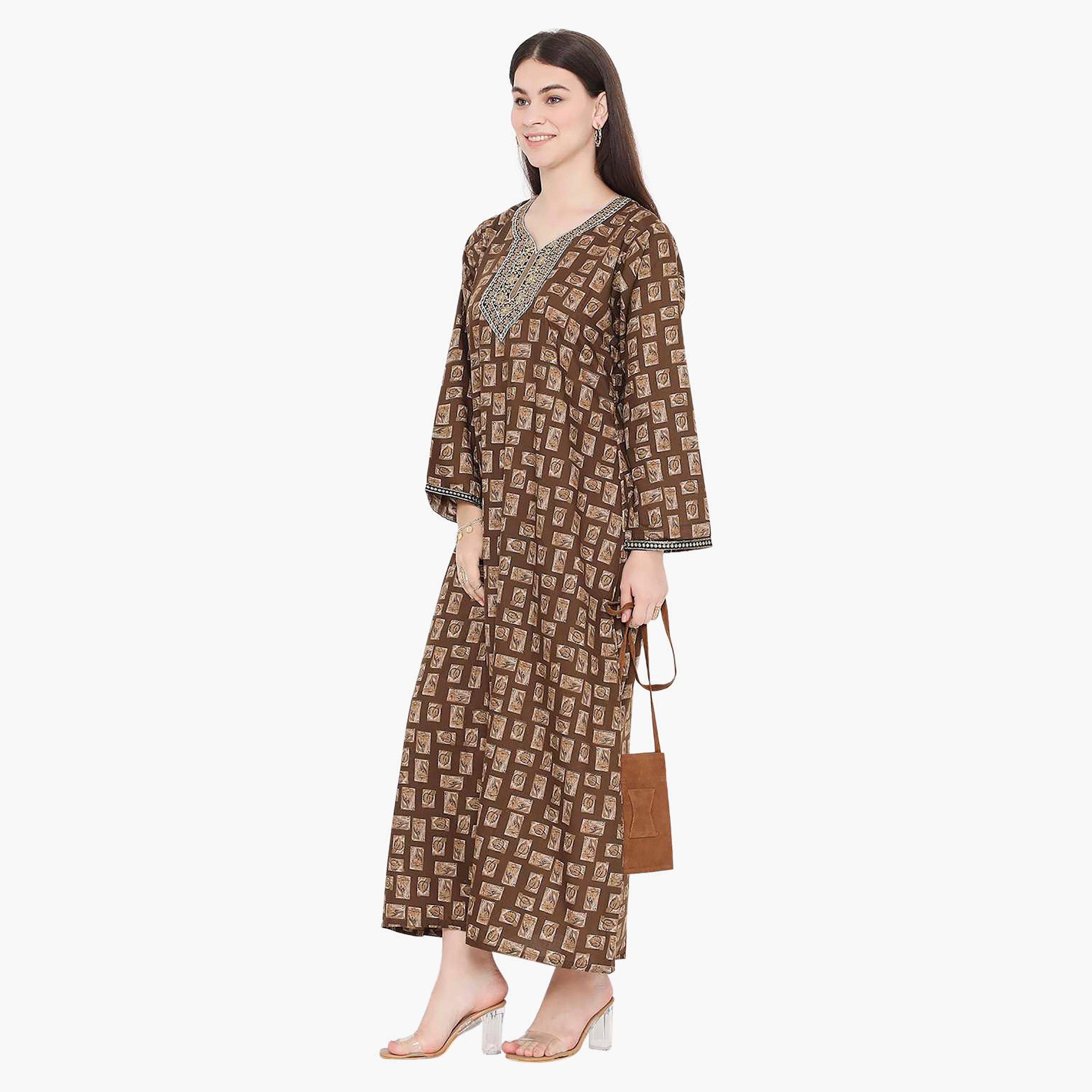 Hana & Sara Printed Embroidered Knot Neck Detail Women's Jalabiya-women-arabicclothing-jalabiyas-image-3