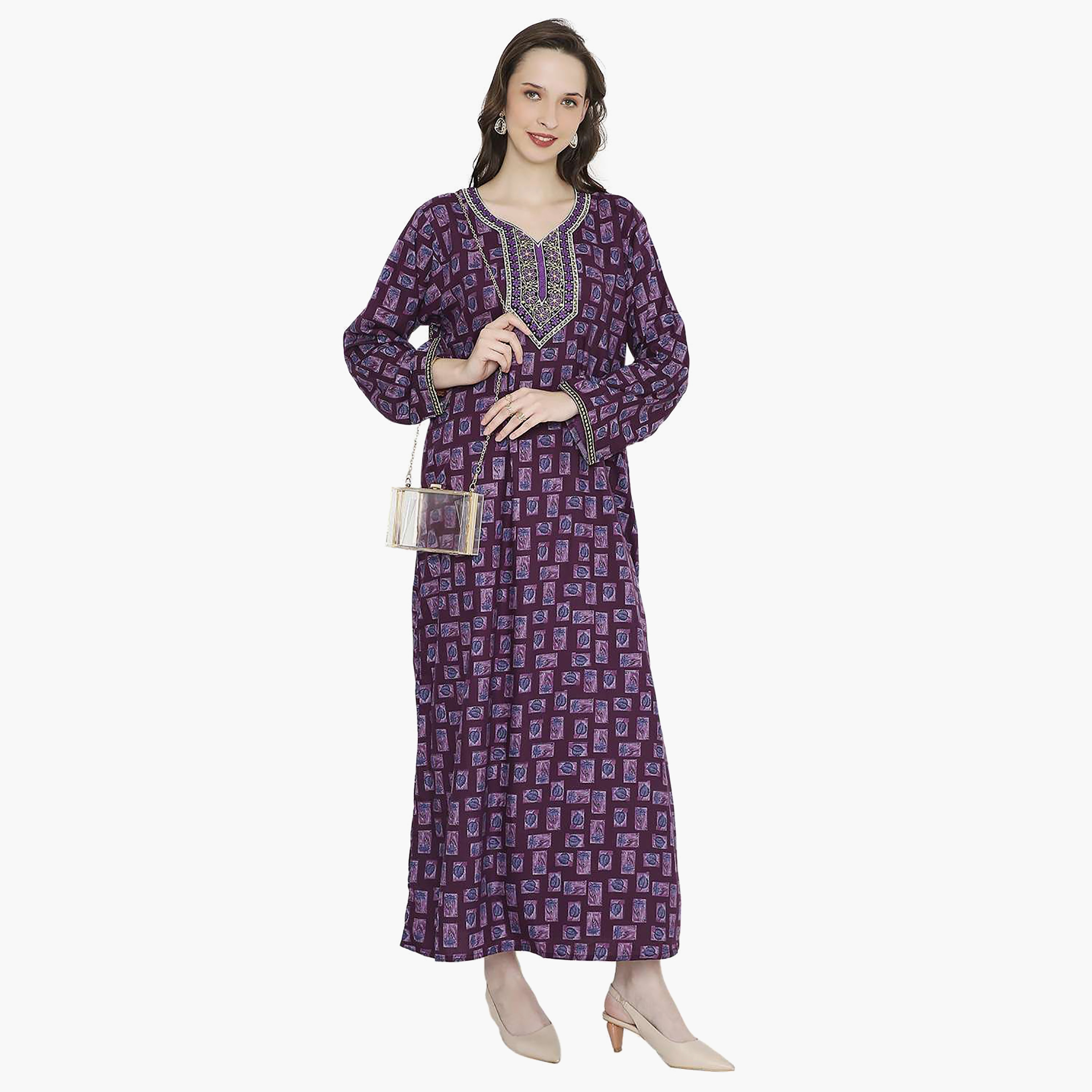 Hana & Sara Printed Embroidered Knot Neck Detail Women's Jalabiya-women-arabicclothing-jalabiyas-image-6