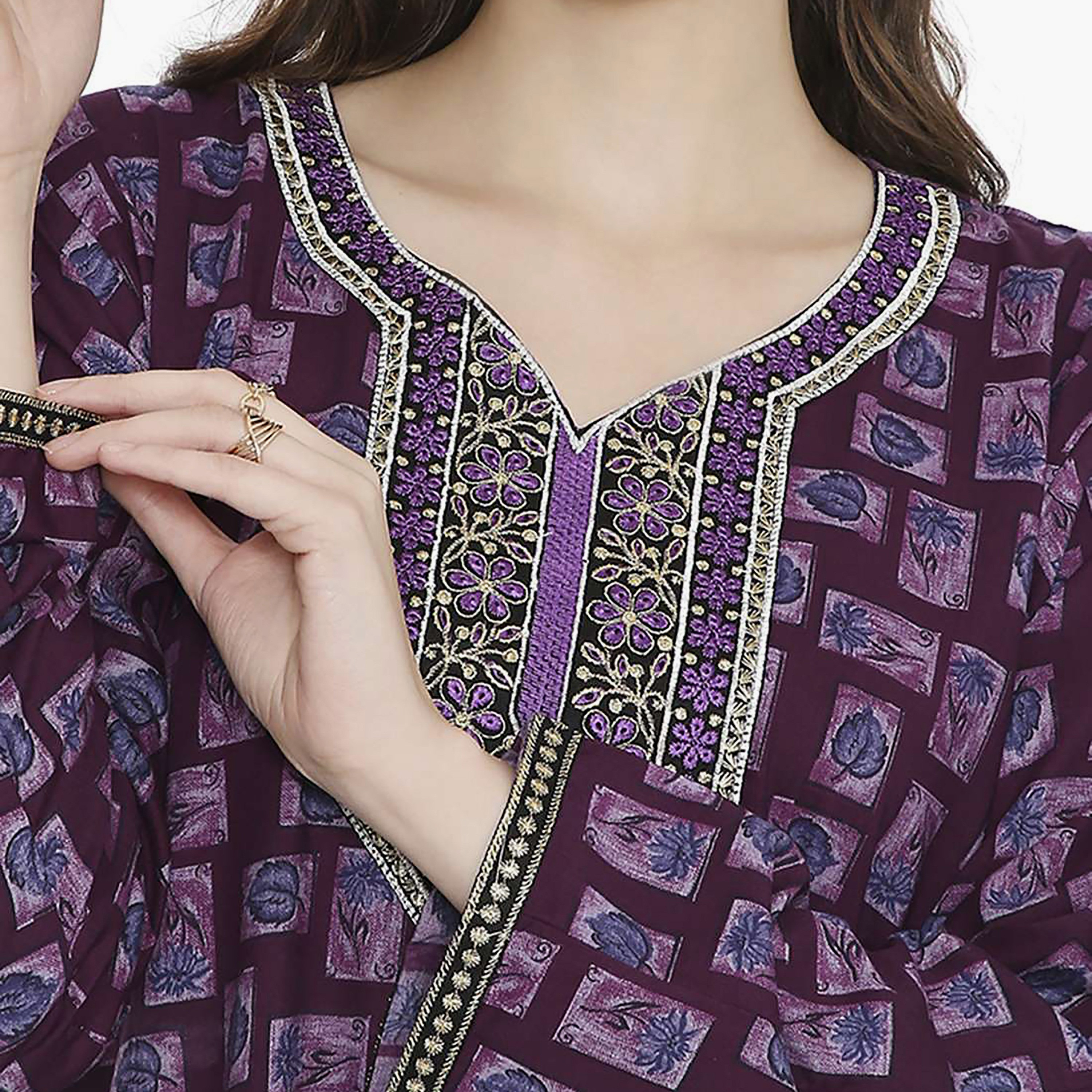 Hana & Sara Printed Embroidered Knot Neck Detail Women's Jalabiya-women-arabicclothing-jalabiyas-image-7