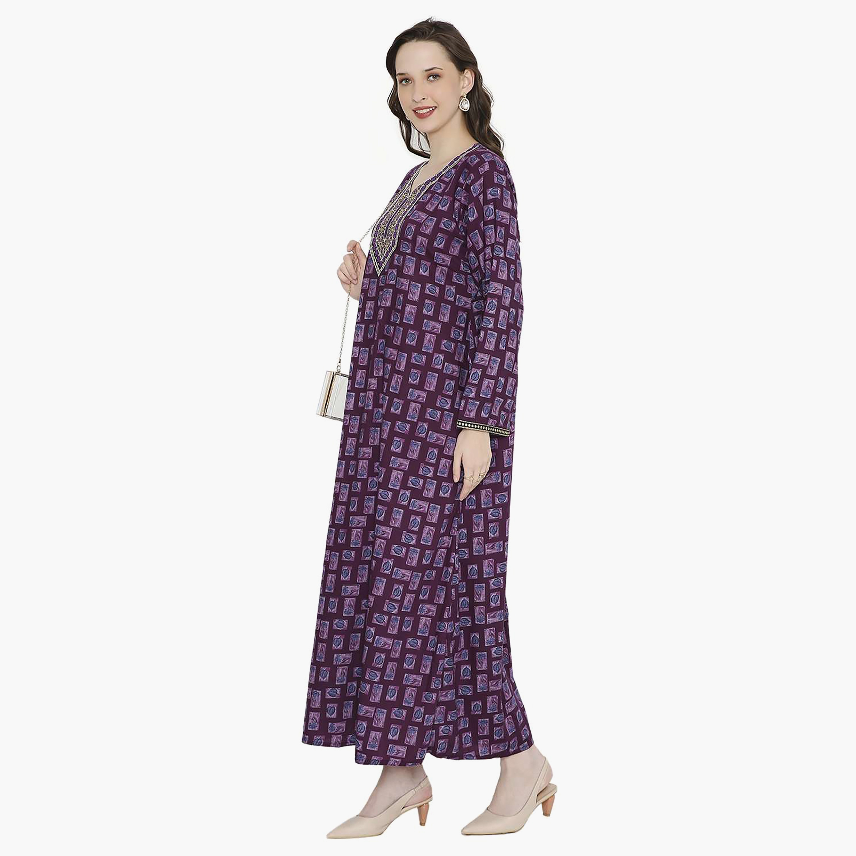 Hana & Sara Printed Embroidered Knot Neck Detail Women's Jalabiya-women-arabicclothing-jalabiyas-image-8