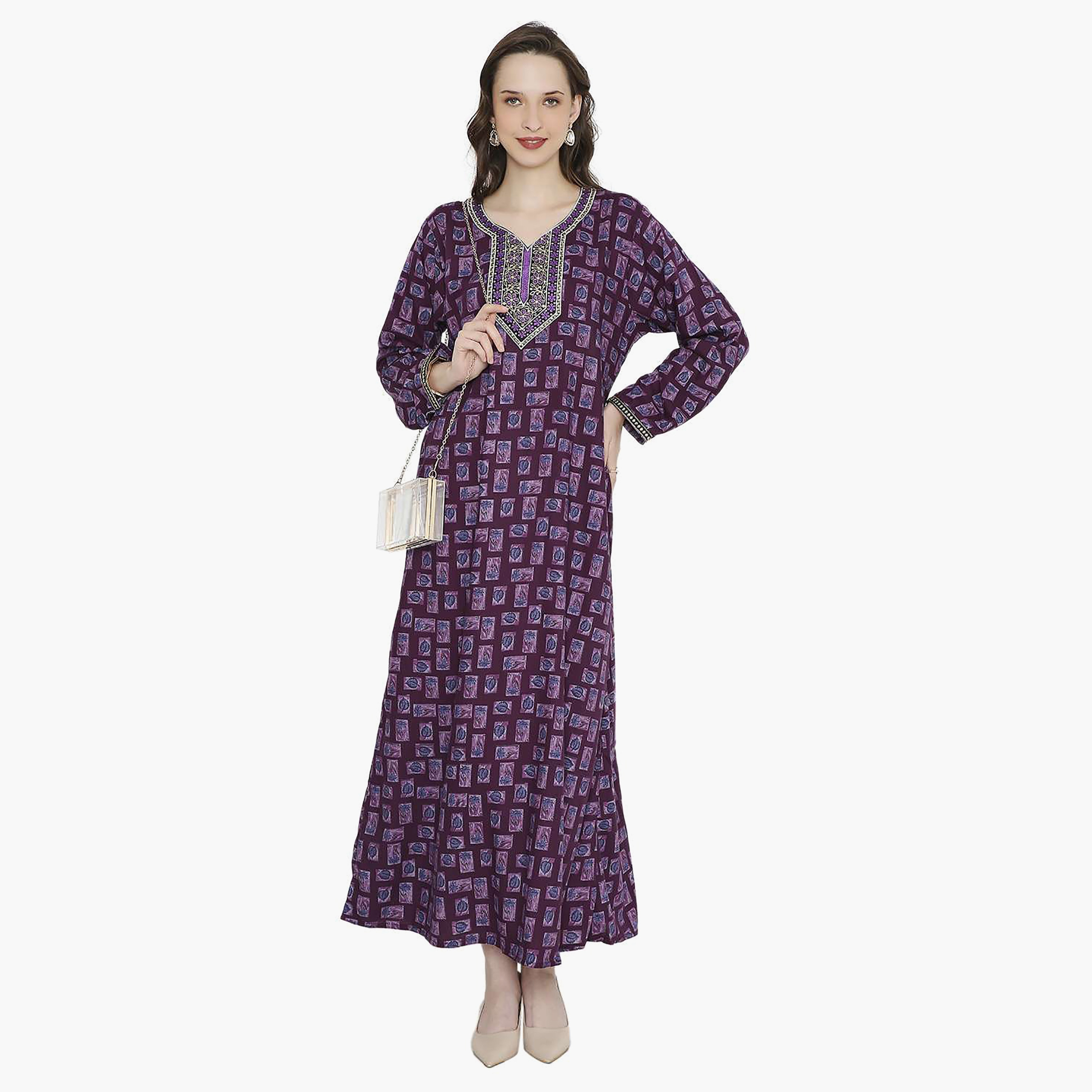Hana & Sara Printed Embroidered Knot Neck Detail Women's Jalabiya-women-arabicclothing-jalabiyas-image-9
