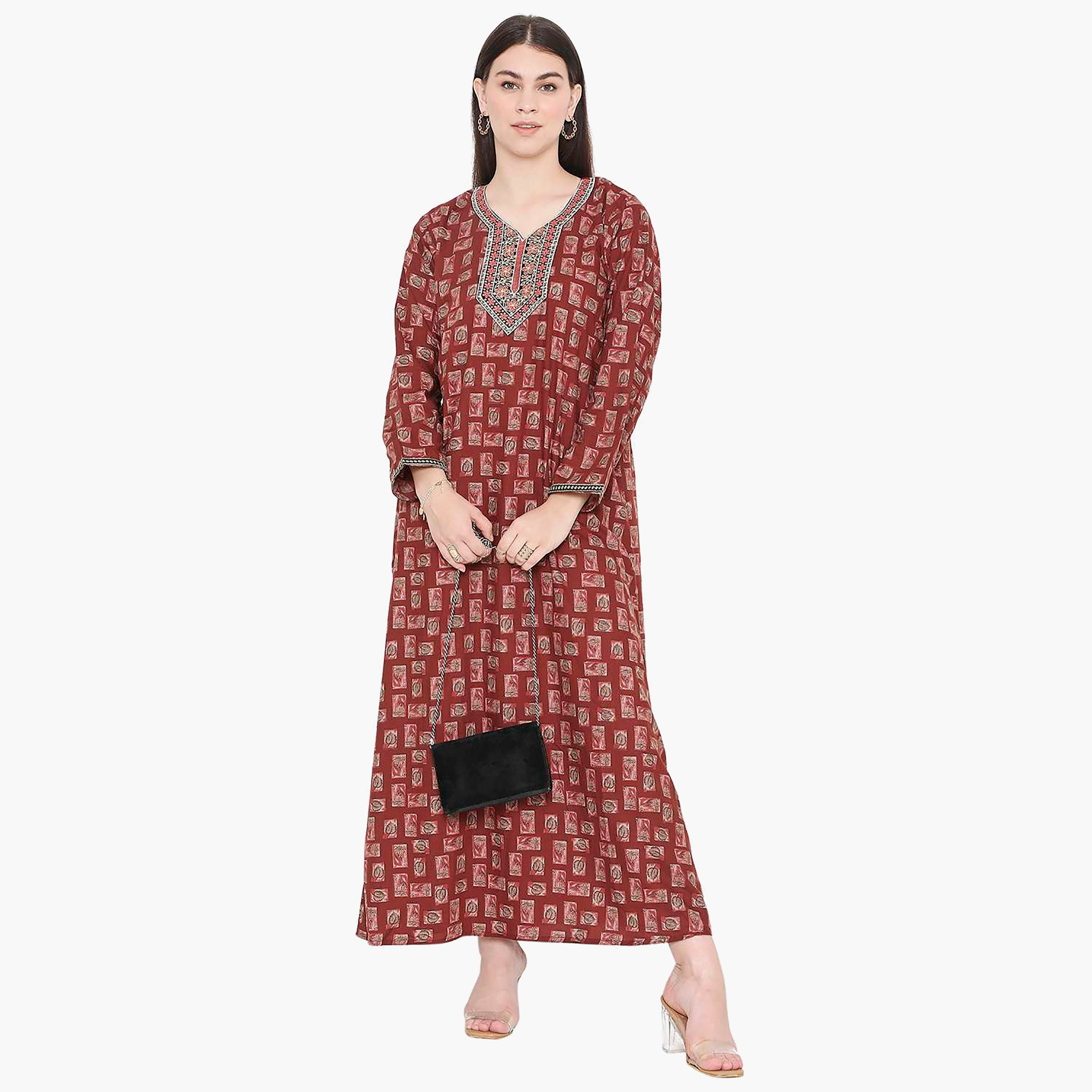 Hana & Sara Printed Embroidered Knot Neck Detail Women's Jalabiya-women-arabicclothing-jalabiyas-image-11