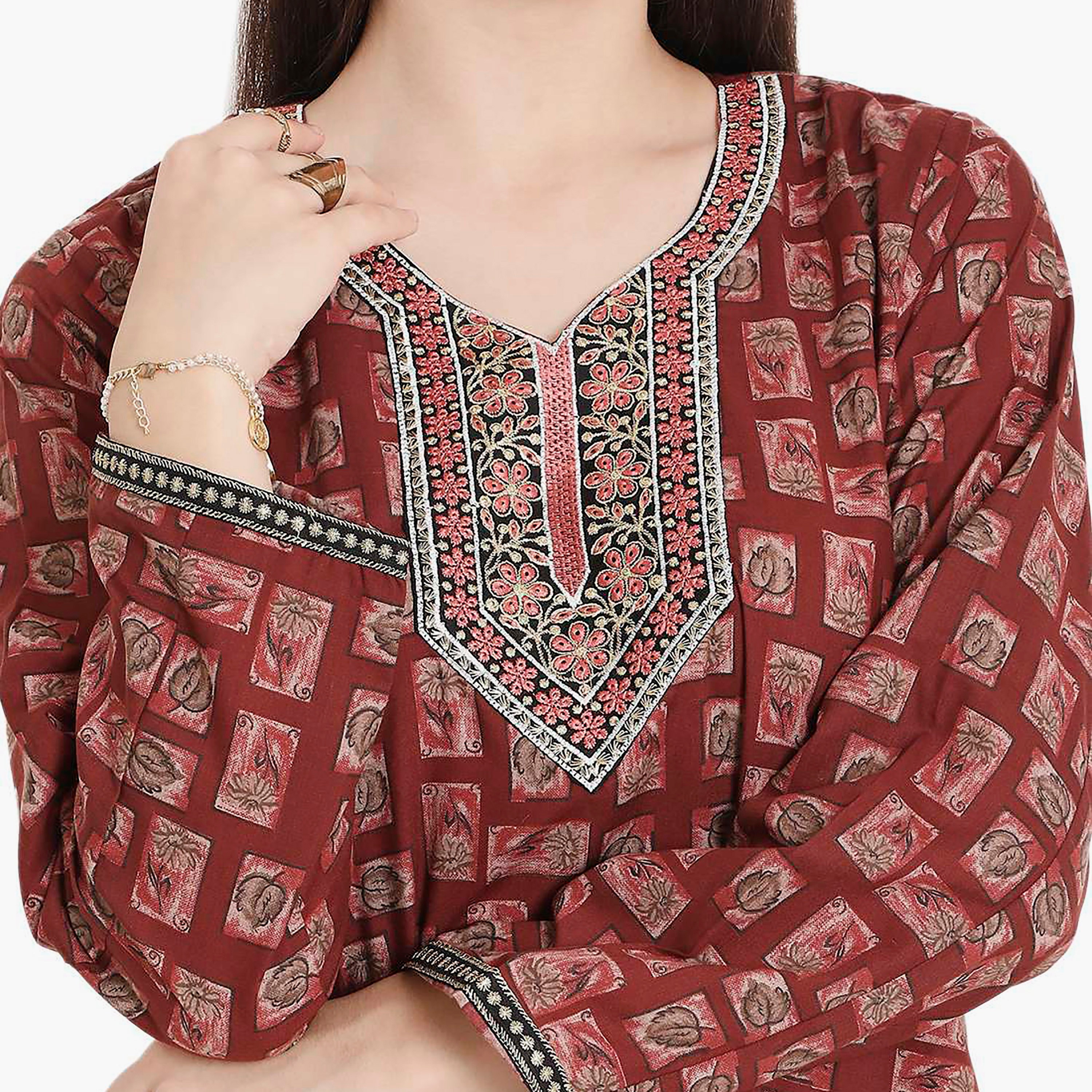Hana & Sara Printed Embroidered Knot Neck Detail Women's Jalabiya-women-arabicclothing-jalabiyas-image-12