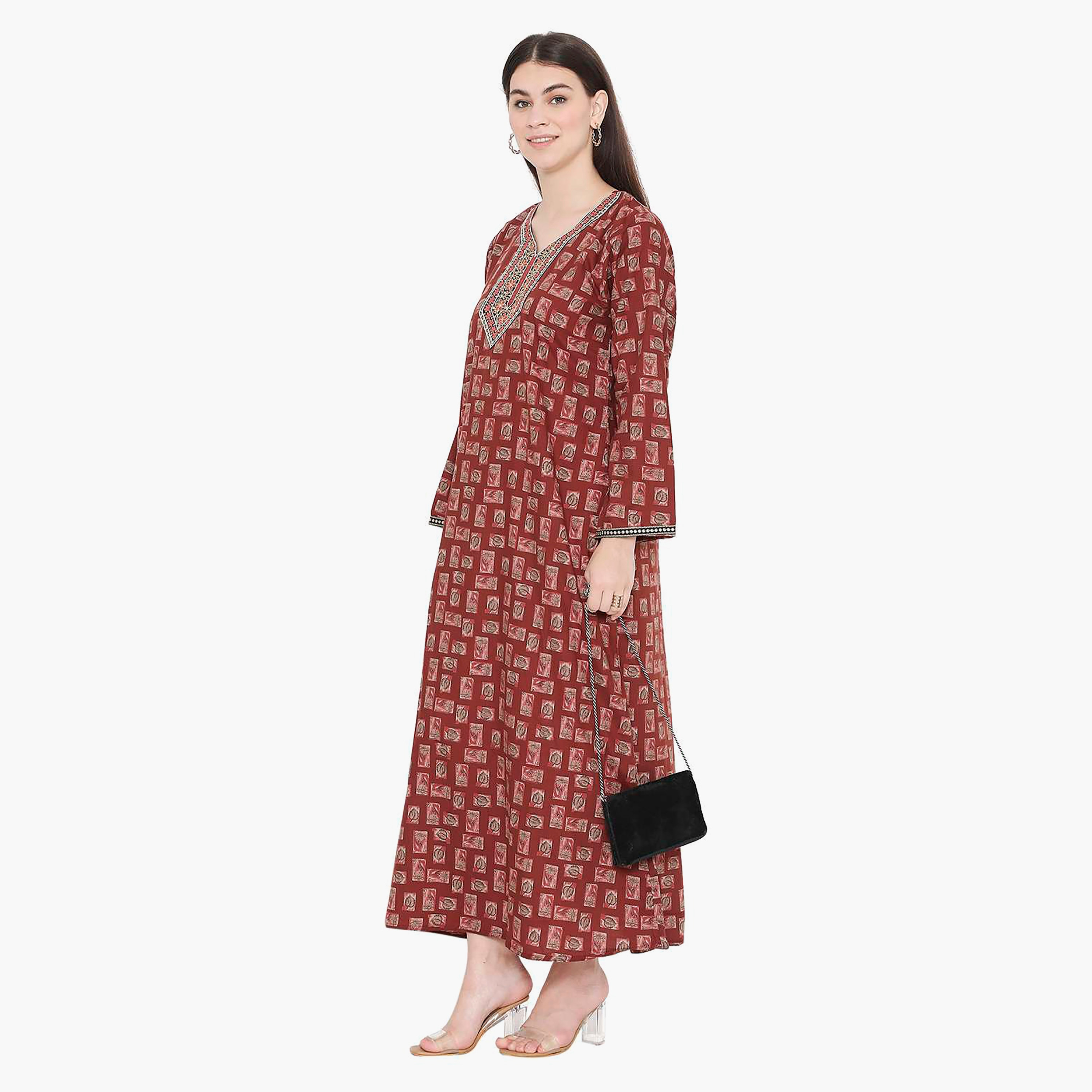 Hana & Sara Printed Embroidered Knot Neck Detail Women's Jalabiya-women-arabicclothing-jalabiyas-image-13