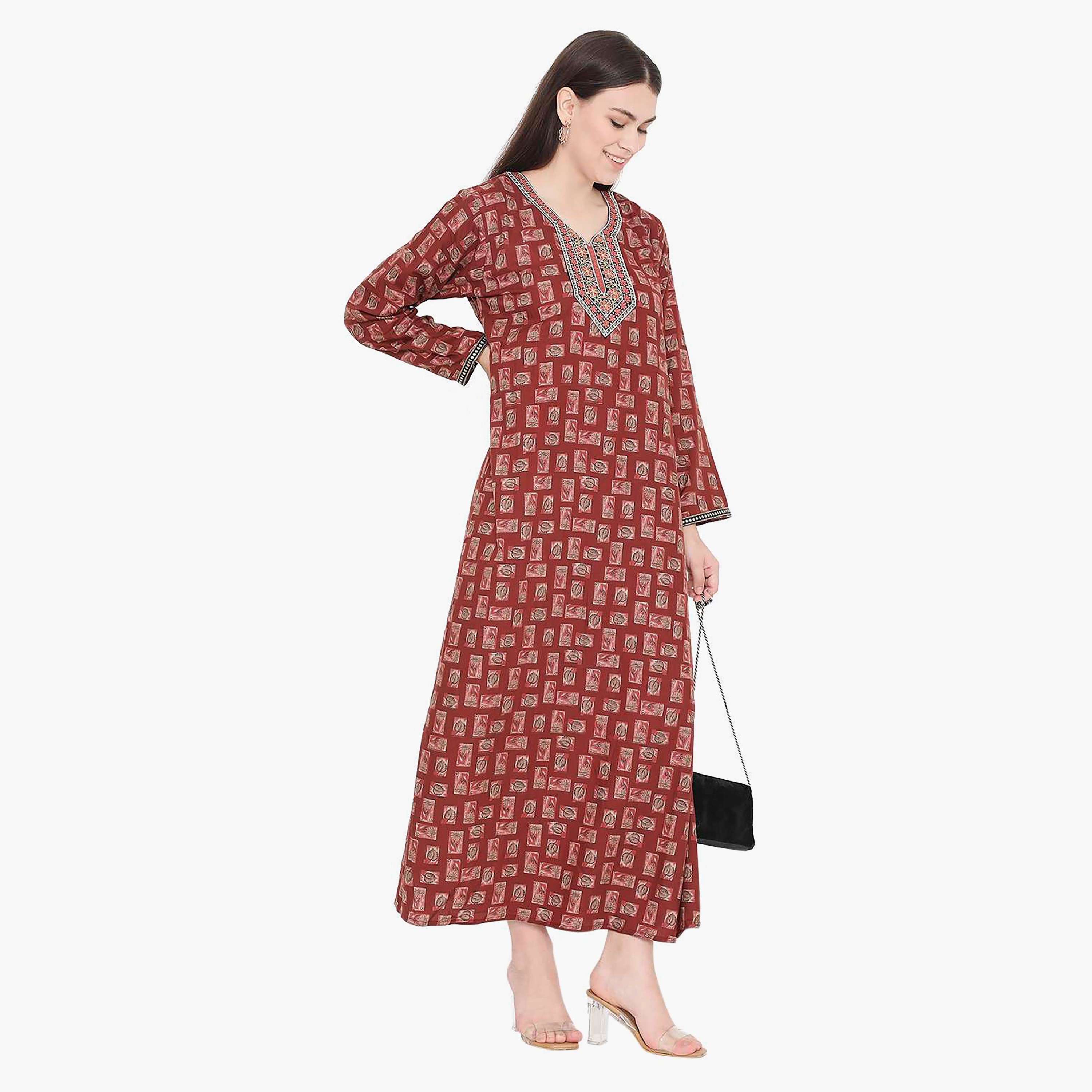 Hana & Sara Printed Embroidered Knot Neck Detail Women's Jalabiya-women-arabicclothing-jalabiyas-image-14
