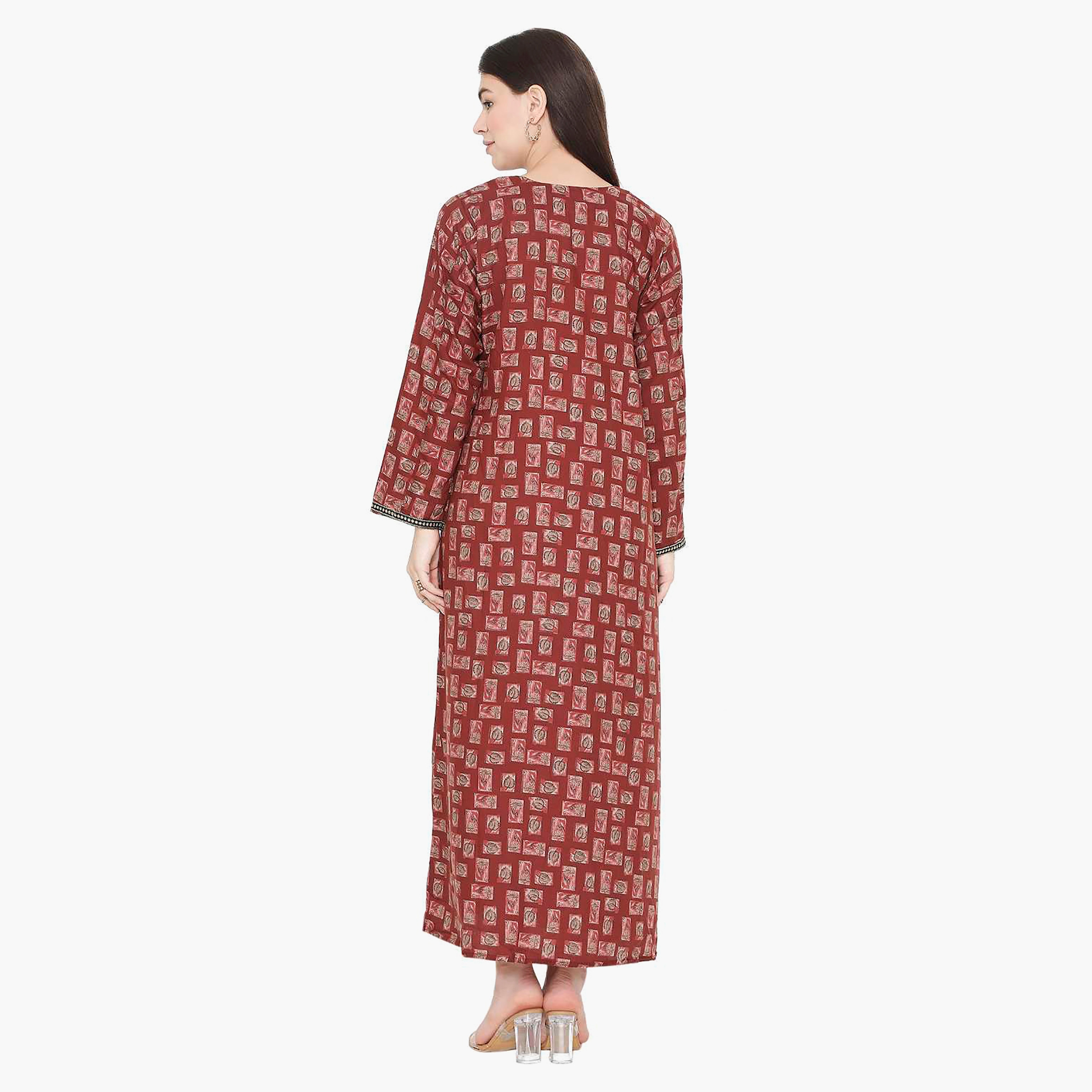 Hana & Sara Printed Embroidered Knot Neck Detail Women's Jalabiya-women-arabicclothing-jalabiyas-image-15