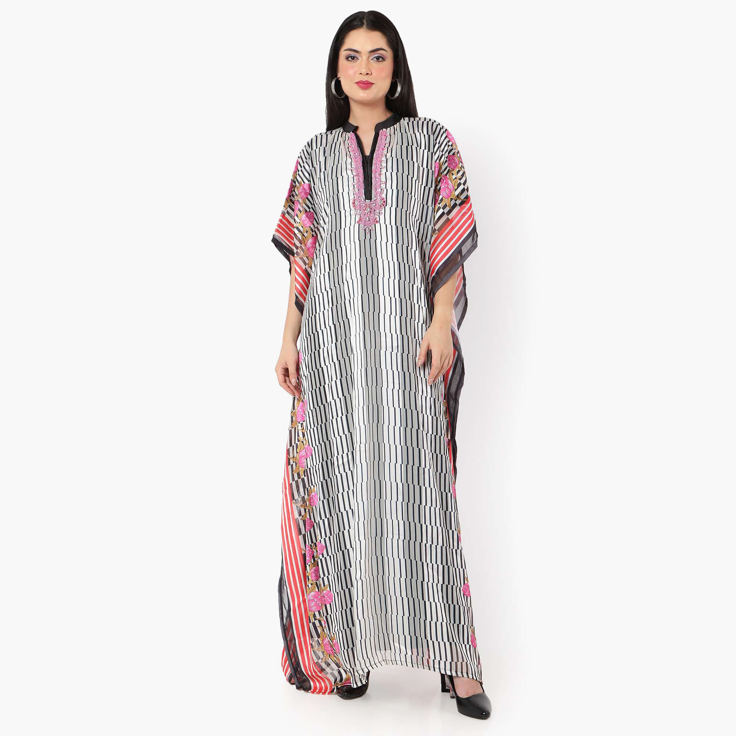 Hana & Sara Striped Collared Beaded Knot Neck Detail Flared Sleeves Women's Festive Kaftaan-women-arabicclothing-jalabiyas-image-1