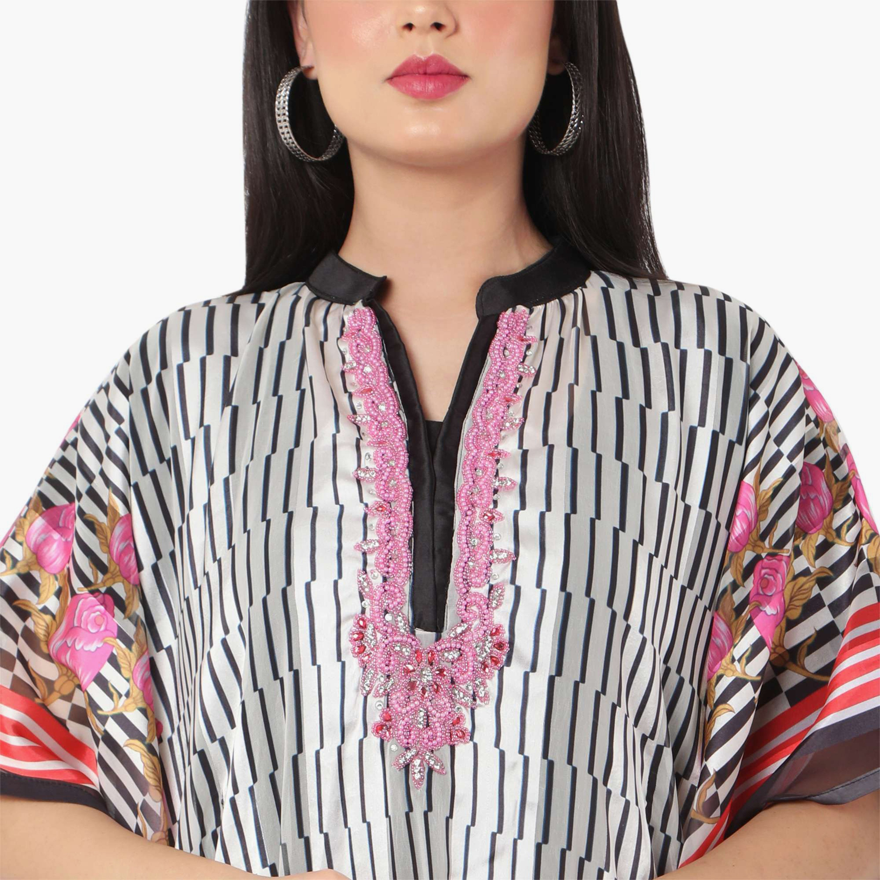 Hana & Sara Striped Collared Beaded Knot Neck Detail Flared Sleeves Women's Festive Kaftaan-women-arabicclothing-jalabiyas-image-2