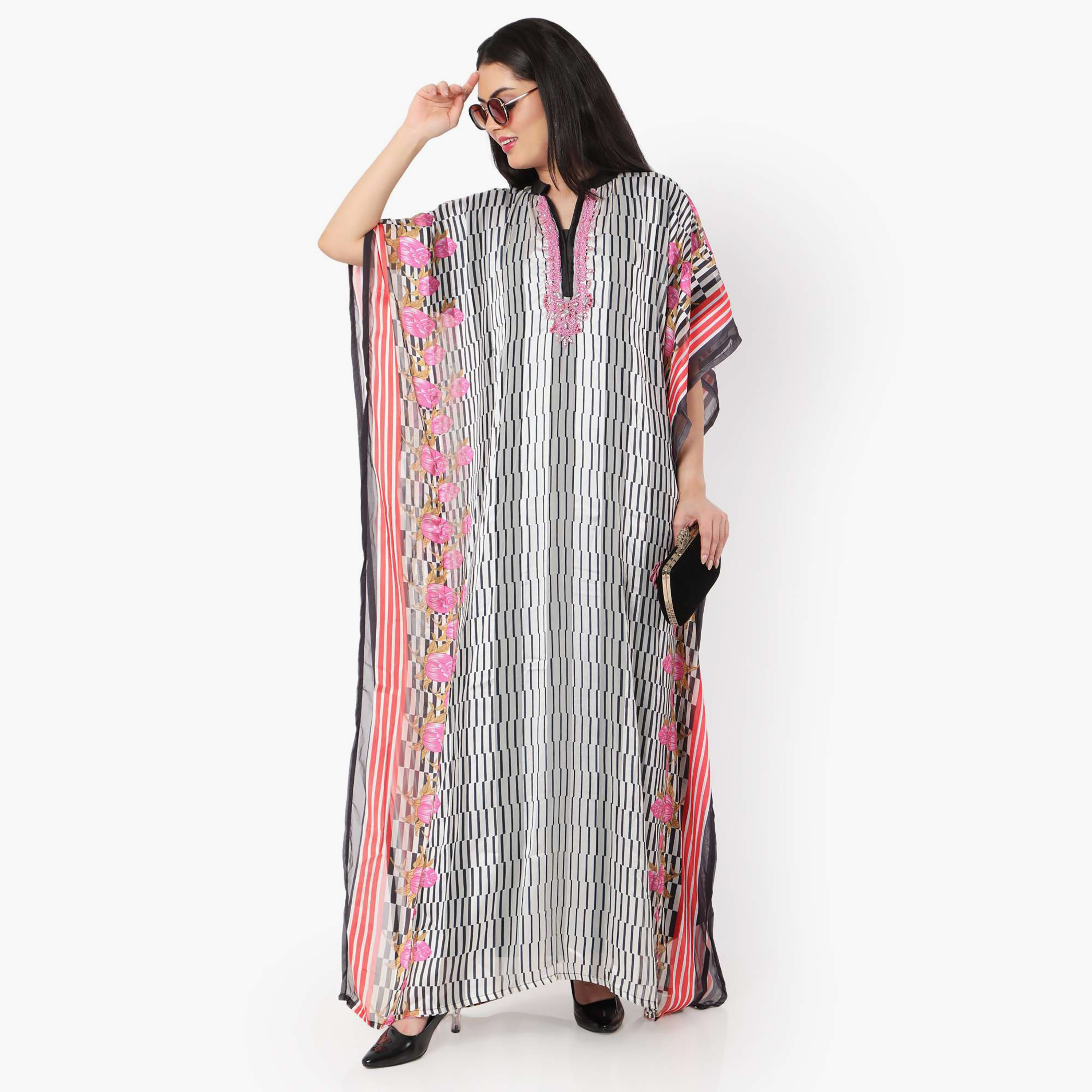Hana & Sara Striped Collared Beaded Knot Neck Detail Flared Sleeves Women's Festive Kaftaan-women-arabicclothing-jalabiyas-image-3