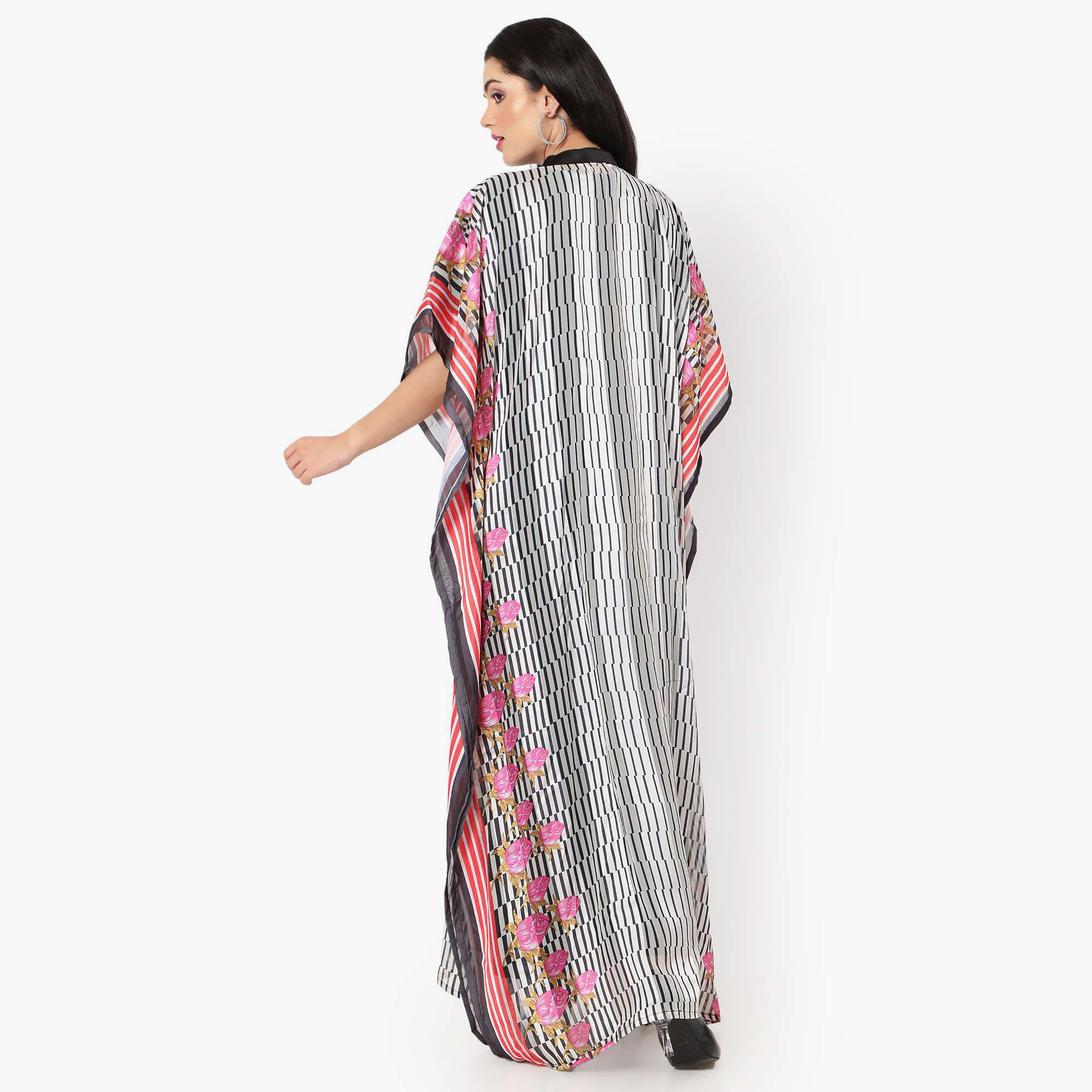 Hana & Sara Striped Collared Beaded Knot Neck Detail Flared Sleeves Women's Festive Kaftaan-women-arabicclothing-jalabiyas-image-4