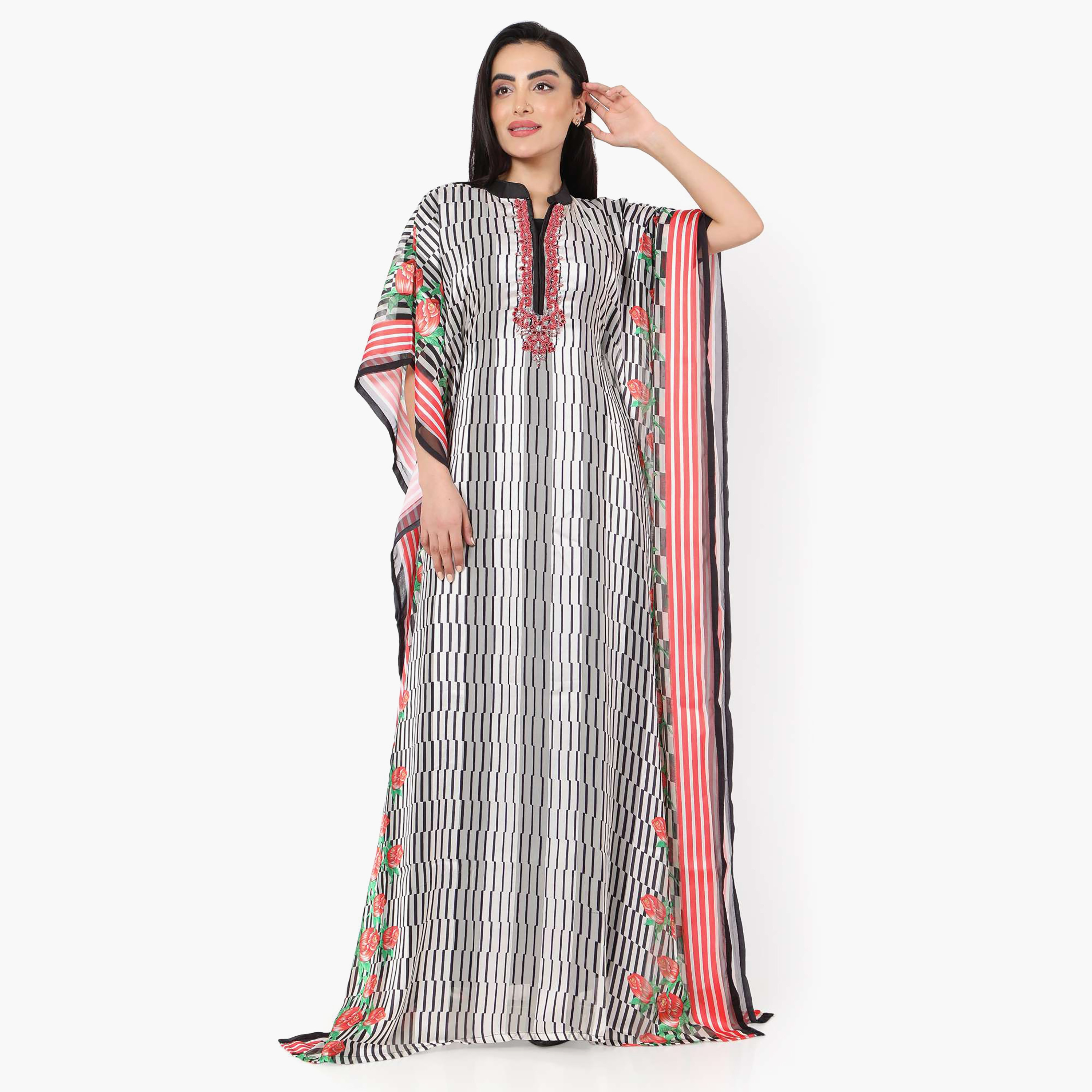 Hana & Sara Striped Collared Beaded Knot Neck Detail Flared Sleeves Women's Festive Kaftaan-women-arabicclothing-jalabiyas-image-5