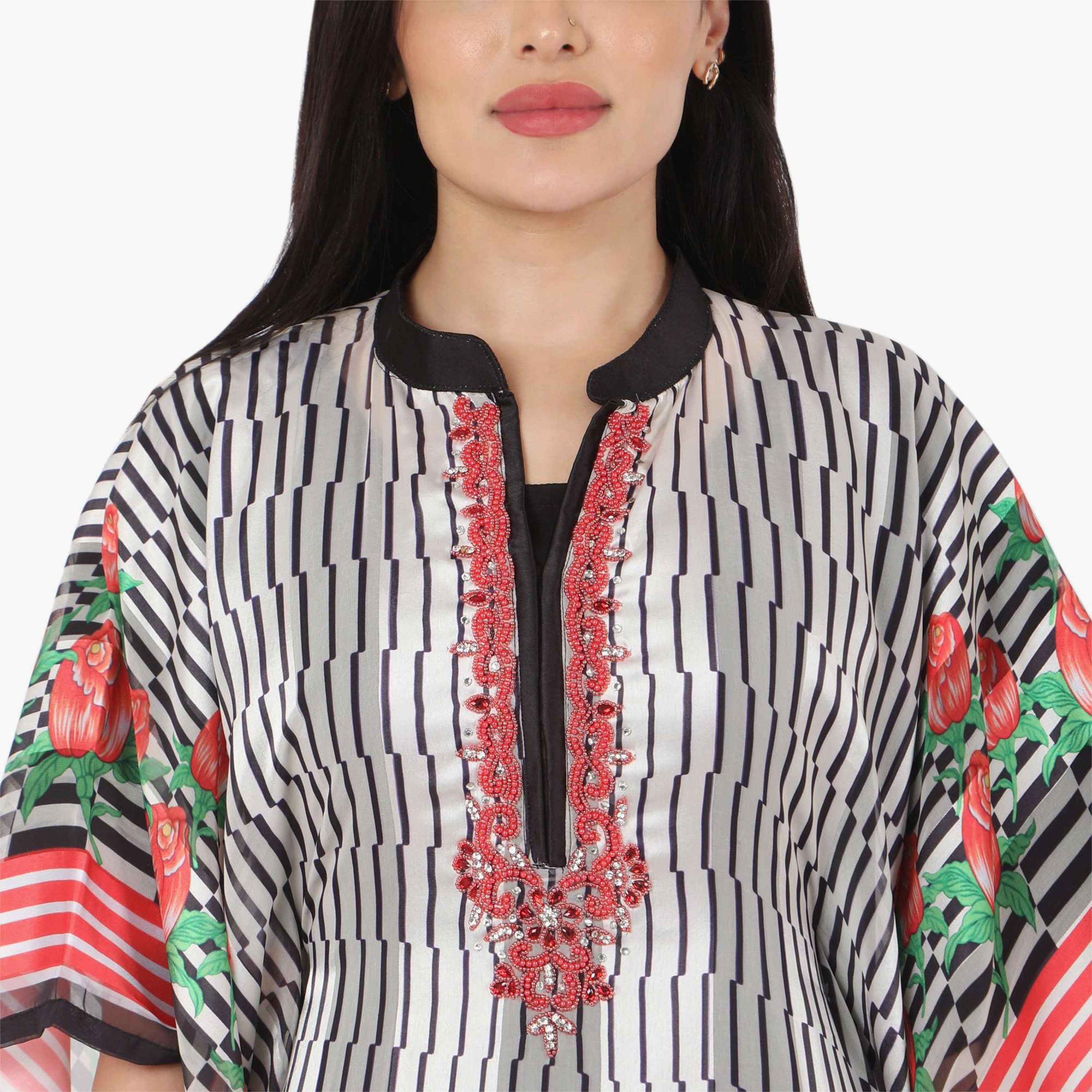 Hana & Sara Striped Collared Beaded Knot Neck Detail Flared Sleeves Women's Festive Kaftaan-women-arabicclothing-jalabiyas-image-6