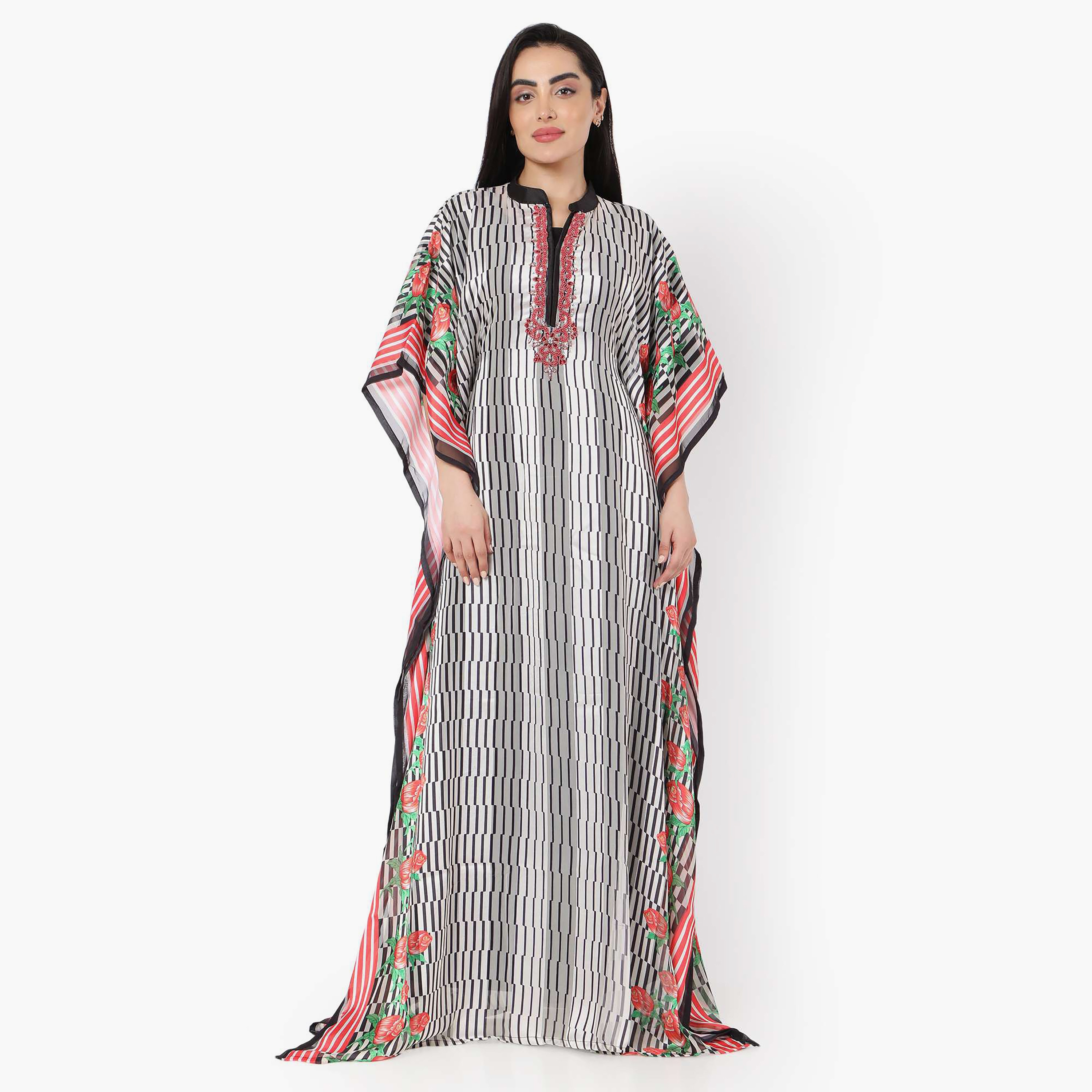Hana & Sara Striped Collared Beaded Knot Neck Detail Flared Sleeves Women's Festive Kaftaan-women-arabicclothing-jalabiyas-image-7