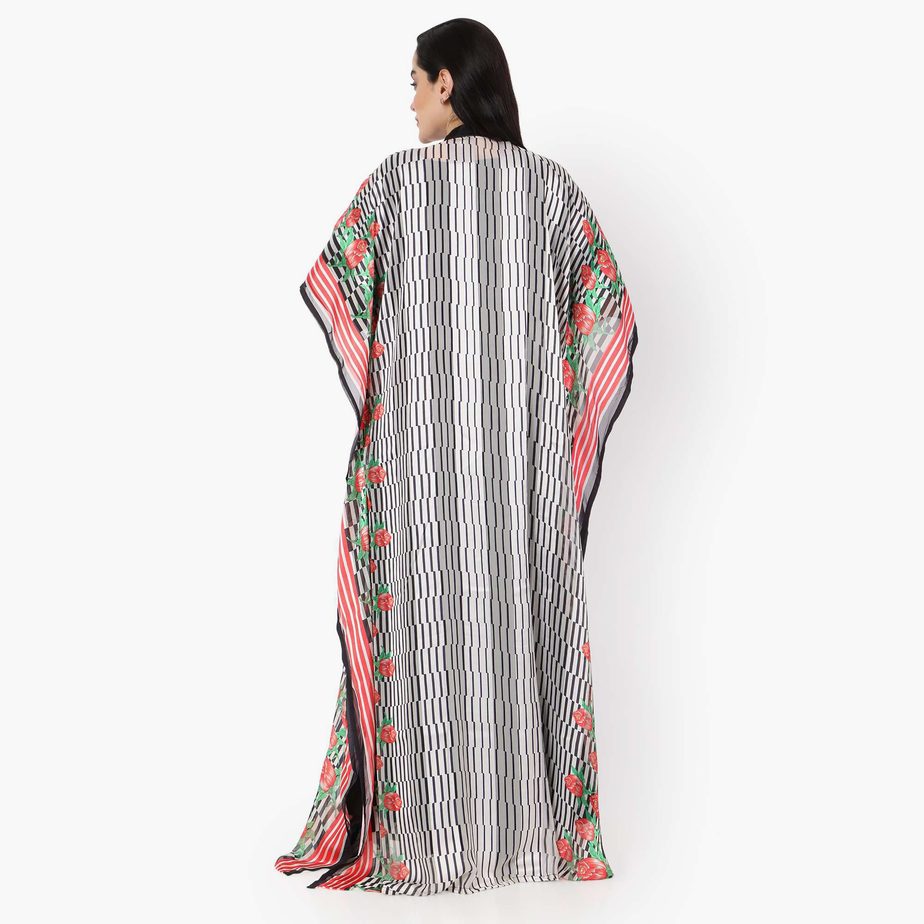 Hana & Sara Striped Collared Beaded Knot Neck Detail Flared Sleeves Women's Festive Kaftaan-women-arabicclothing-jalabiyas-image-8