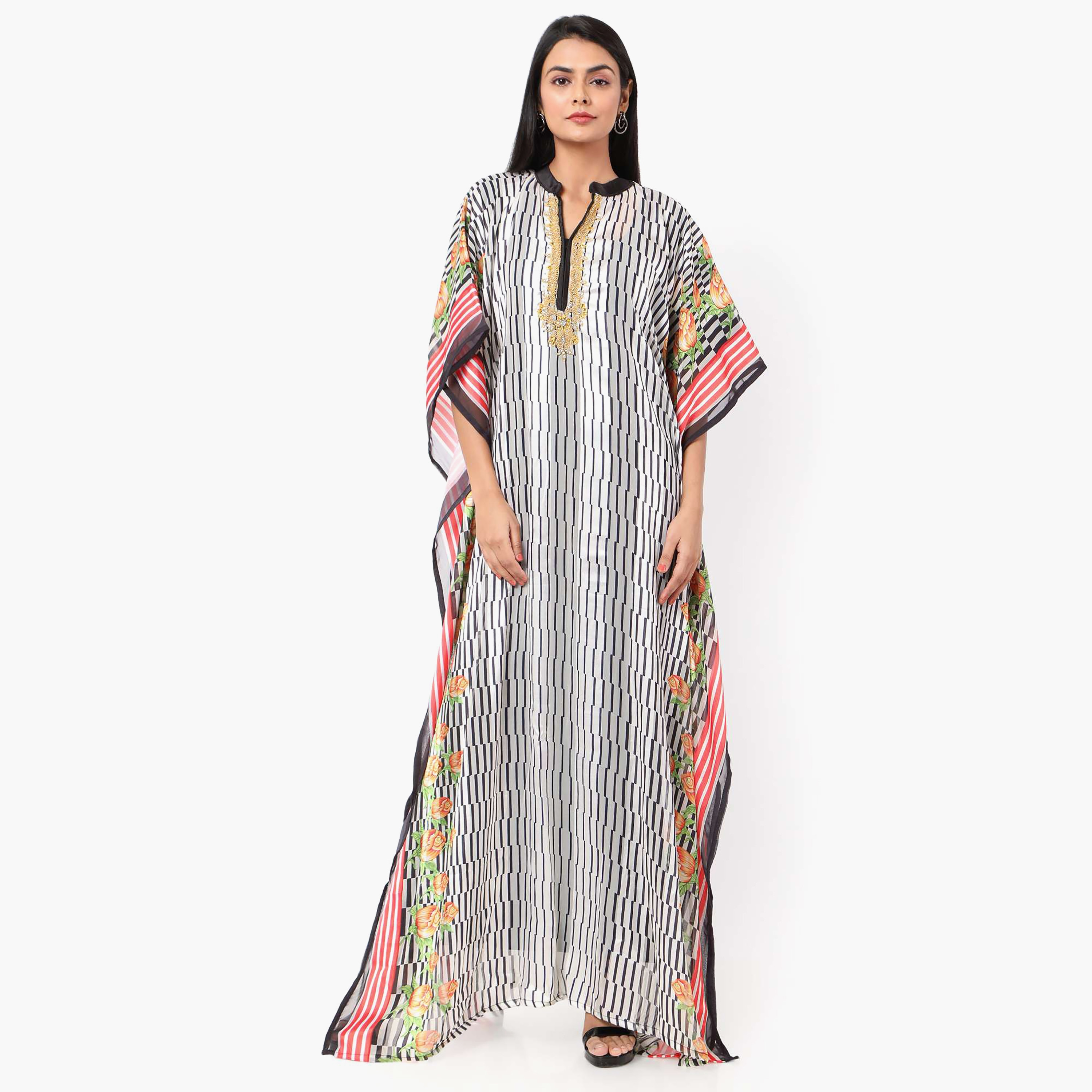 Hana & Sara Striped Collared Beaded Knot Neck Detail Flared Sleeves Women's Festive Kaftaan-women-arabicclothing-jalabiyas-image-9