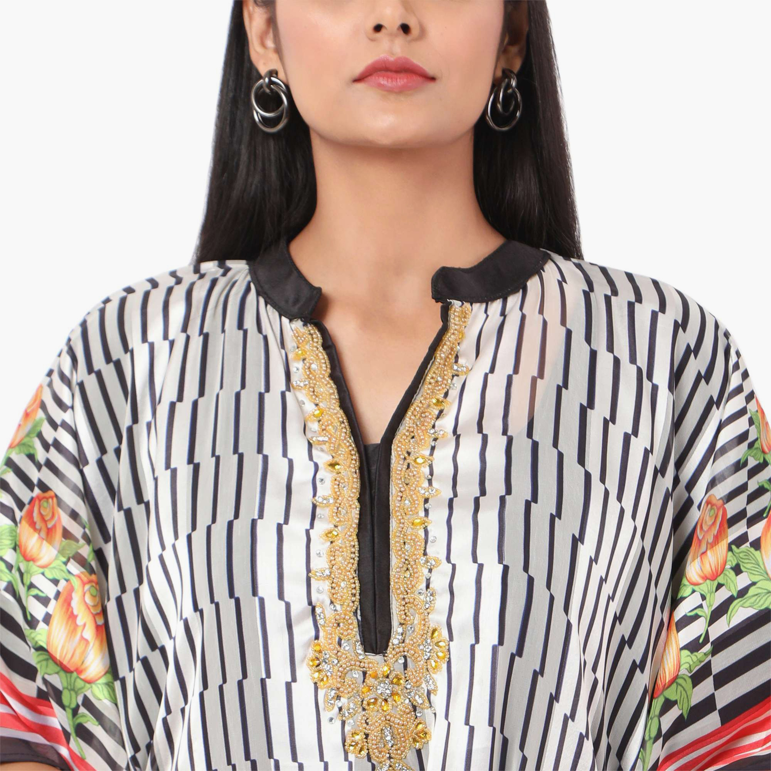 Hana & Sara Striped Collared Beaded Knot Neck Detail Flared Sleeves Women's Festive Kaftaan-women-arabicclothing-jalabiyas-image-10