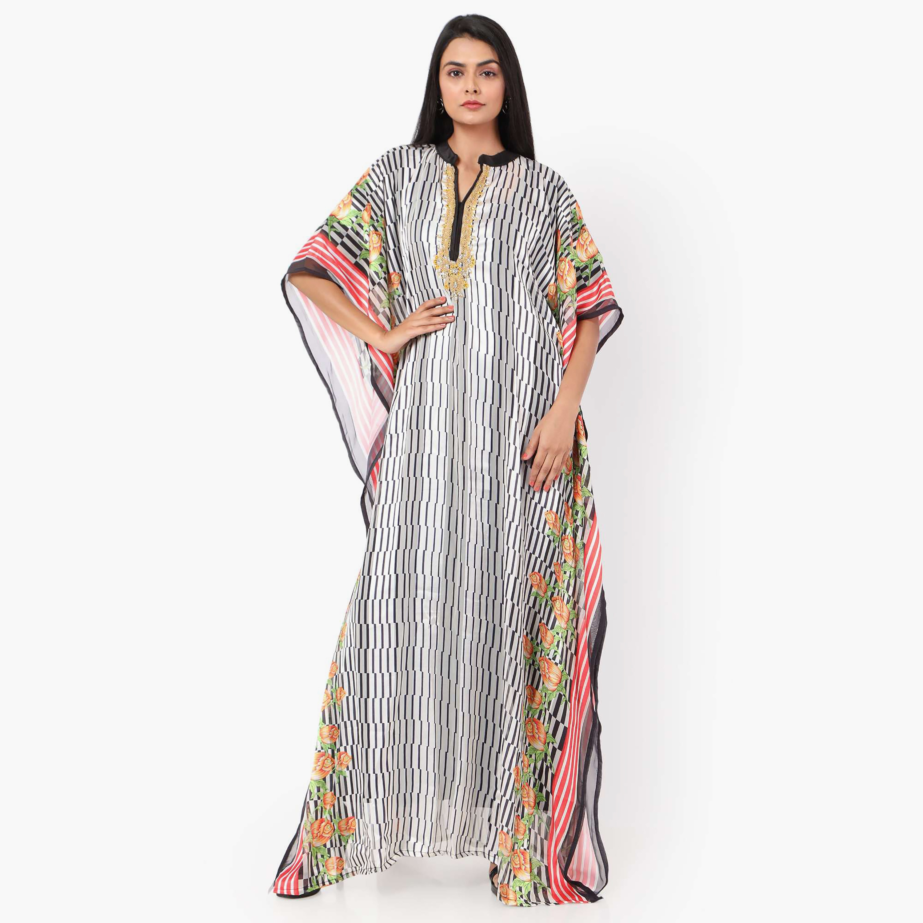 Hana & Sara Striped Collared Beaded Knot Neck Detail Flared Sleeves Women's Festive Kaftaan-women-arabicclothing-jalabiyas-image-11
