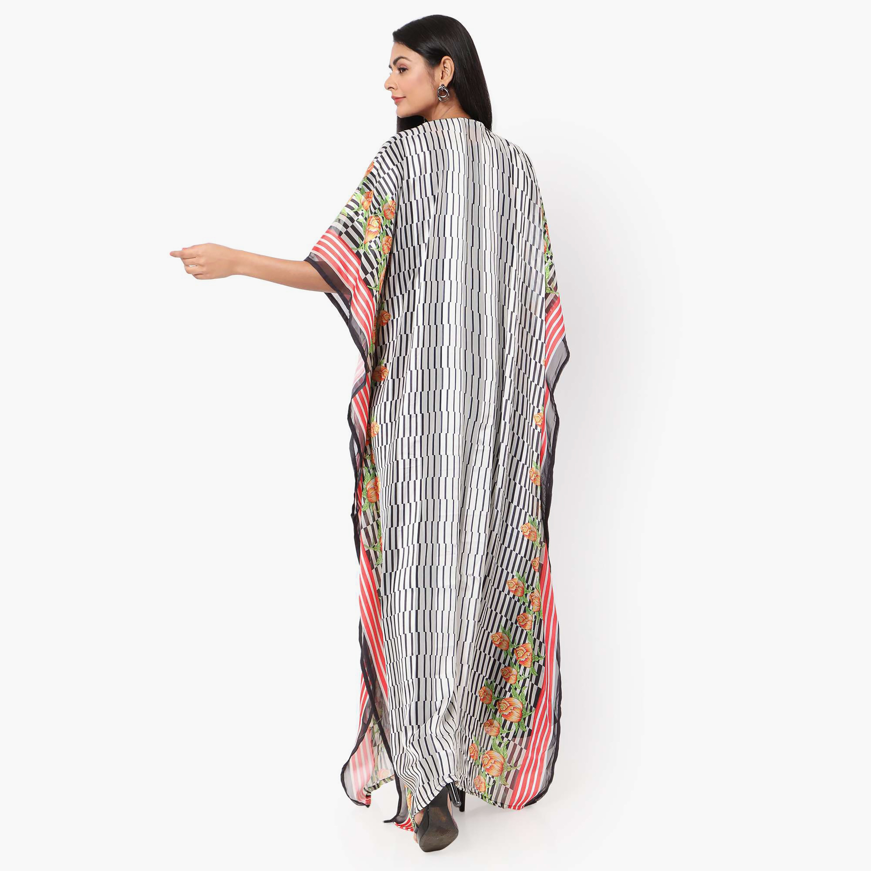 Hana & Sara Striped Collared Beaded Knot Neck Detail Flared Sleeves Women's Festive Kaftaan-women-arabicclothing-jalabiyas-image-12