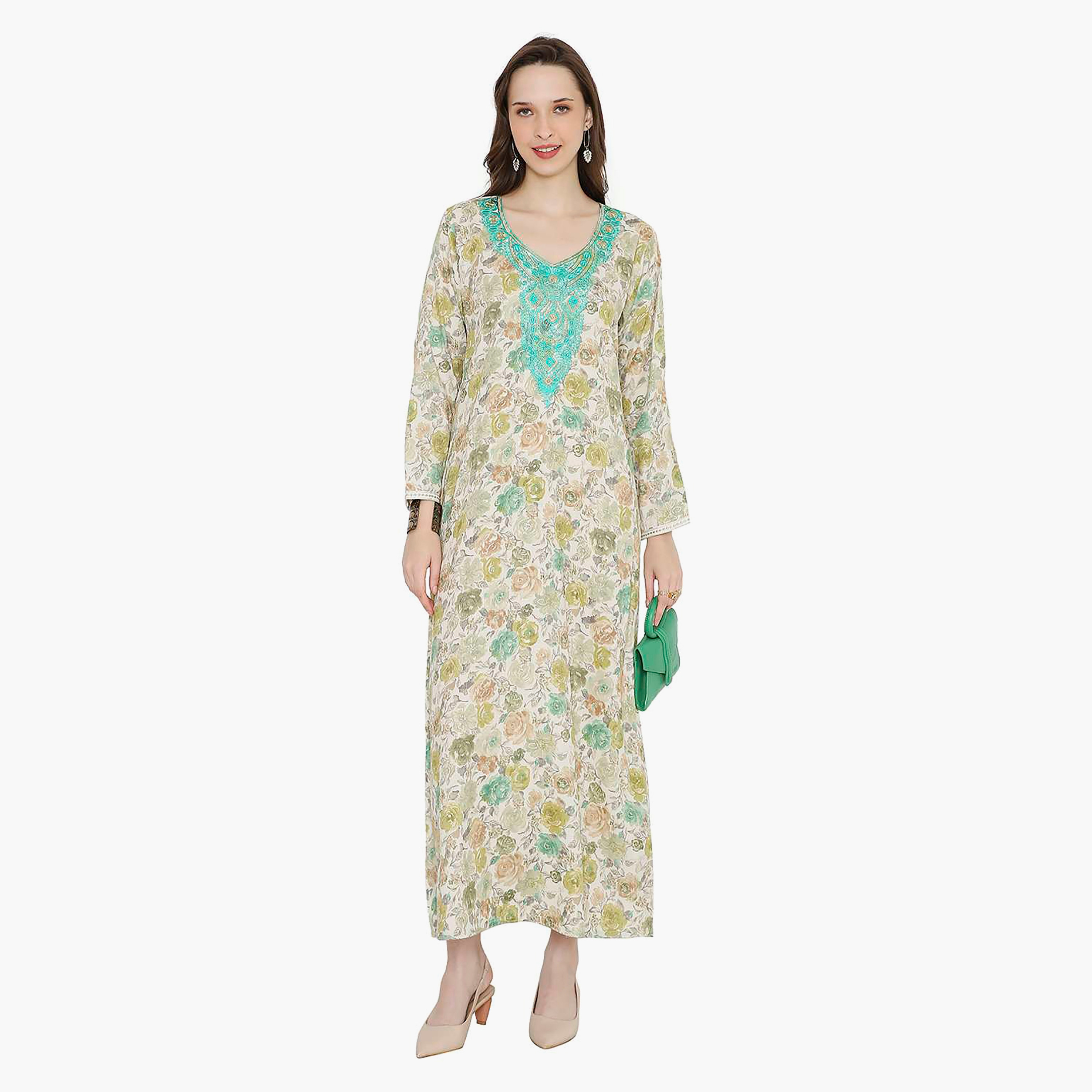 Hana & Sara Floral Embroidered Knot Neck Detail Women's Jalabiya-women-arabicclothing-jalabiyas-image-1