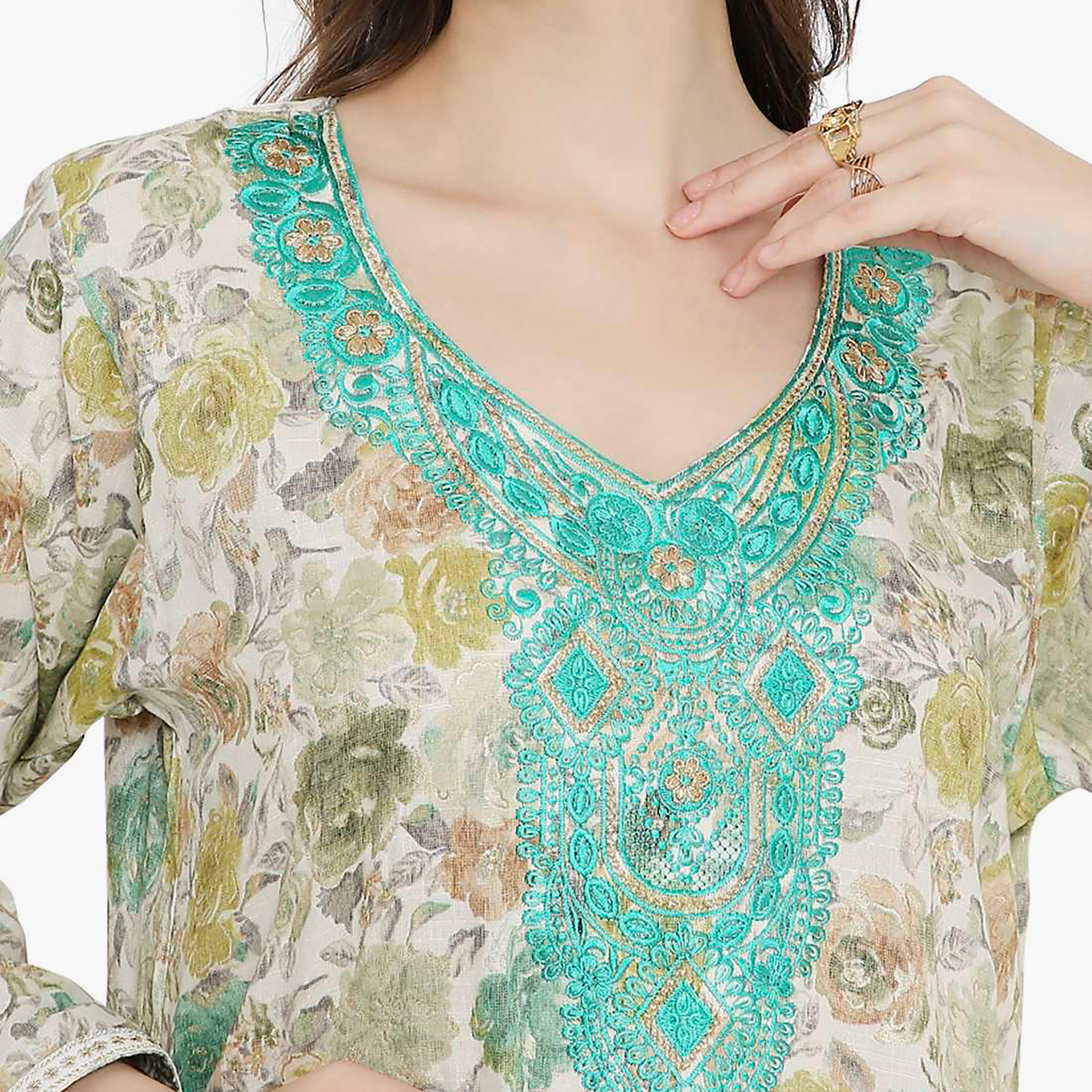 Hana & Sara Floral Embroidered Knot Neck Detail Women's Jalabiya-women-arabicclothing-jalabiyas-image-2