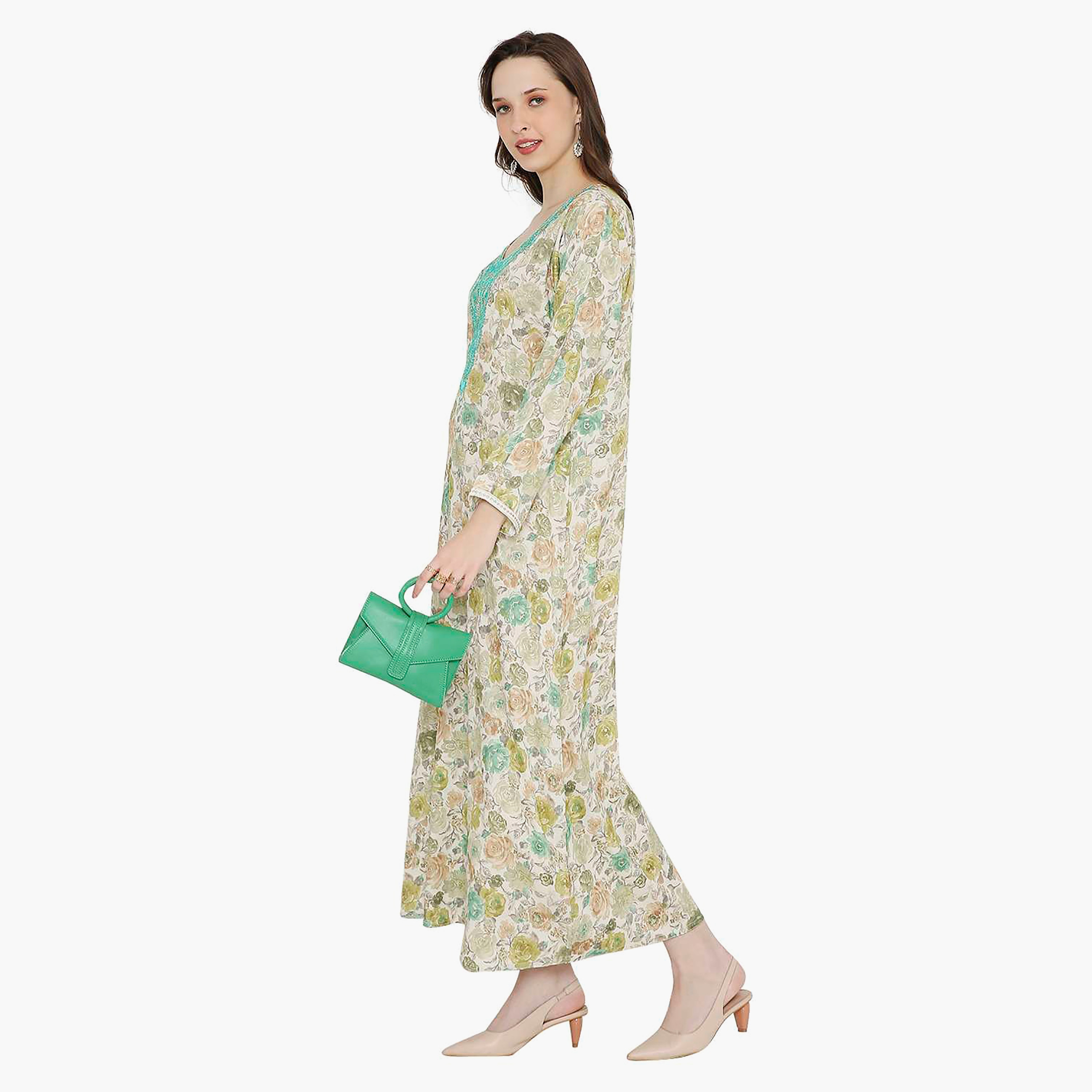 Hana & Sara Floral Embroidered Knot Neck Detail Women's Jalabiya-women-arabicclothing-jalabiyas-image-3