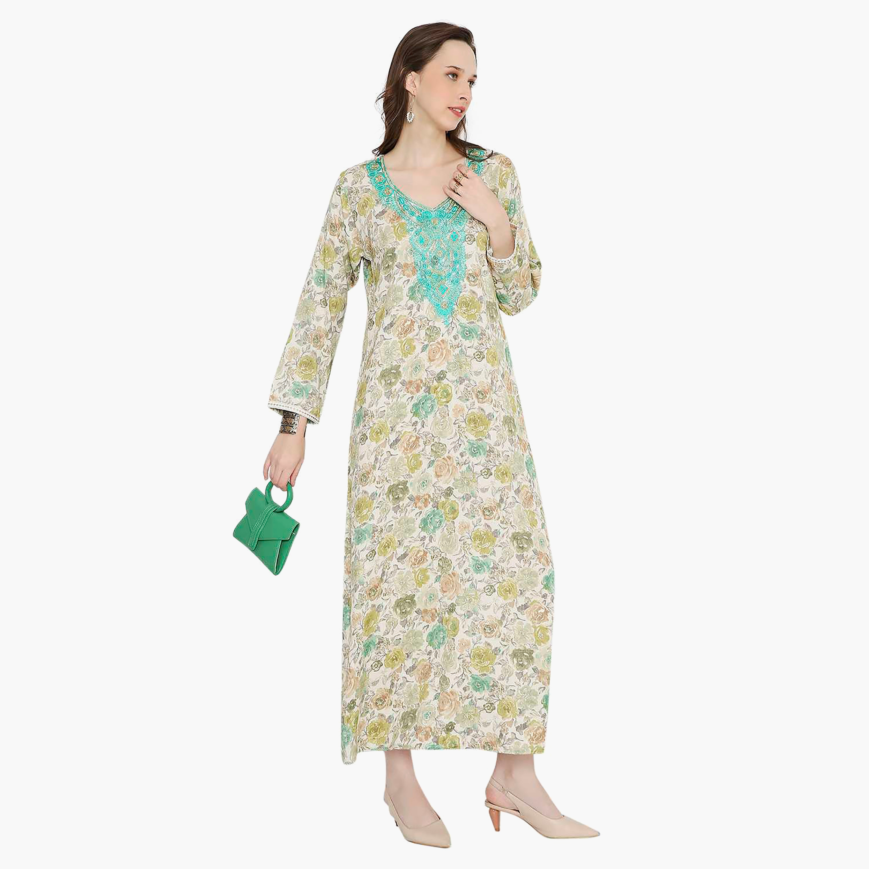 Hana & Sara Floral Embroidered Knot Neck Detail Women's Jalabiya-women-arabicclothing-jalabiyas-image-4