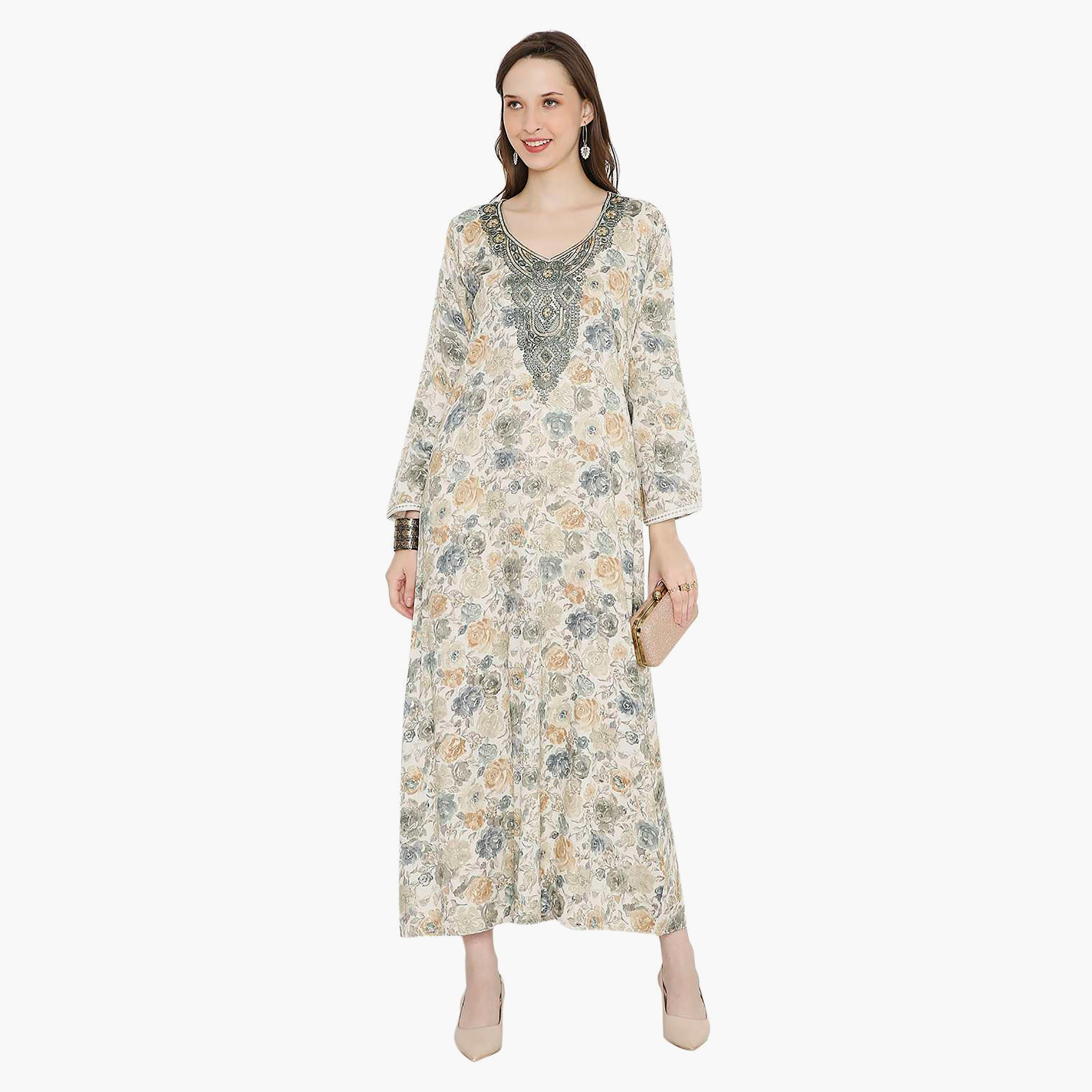 Hana & Sara Floral Embroidered Knot Neck Detail Women's Jalabiya-women-arabicclothing-jalabiyas-image-6
