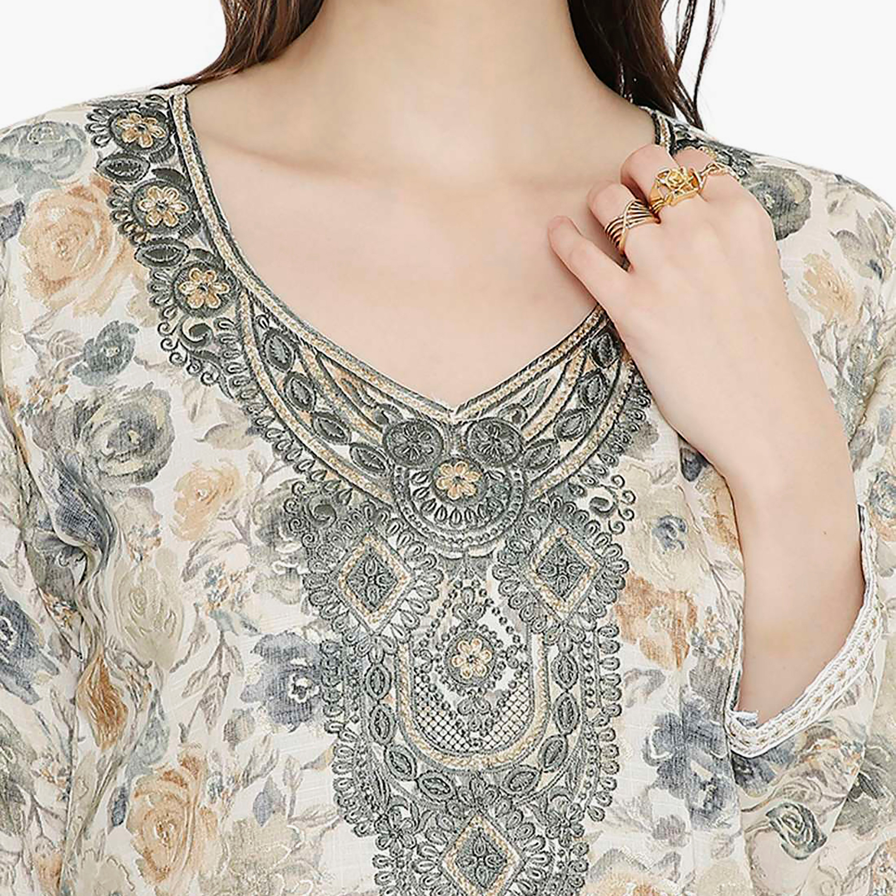 Hana & Sara Floral Embroidered Knot Neck Detail Women's Jalabiya-women-arabicclothing-jalabiyas-image-7