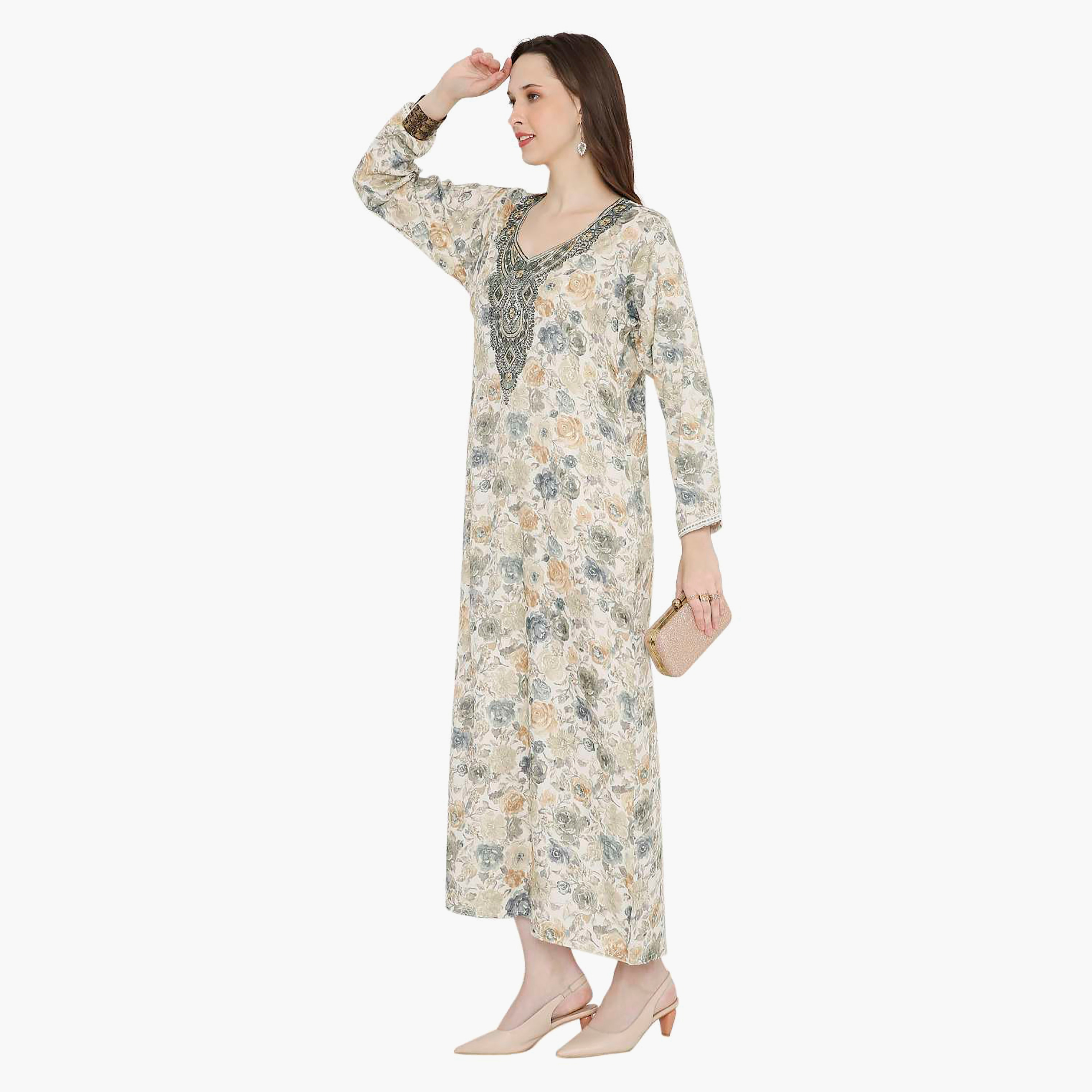 Hana & Sara Floral Embroidered Knot Neck Detail Women's Jalabiya-women-arabicclothing-jalabiyas-image-8
