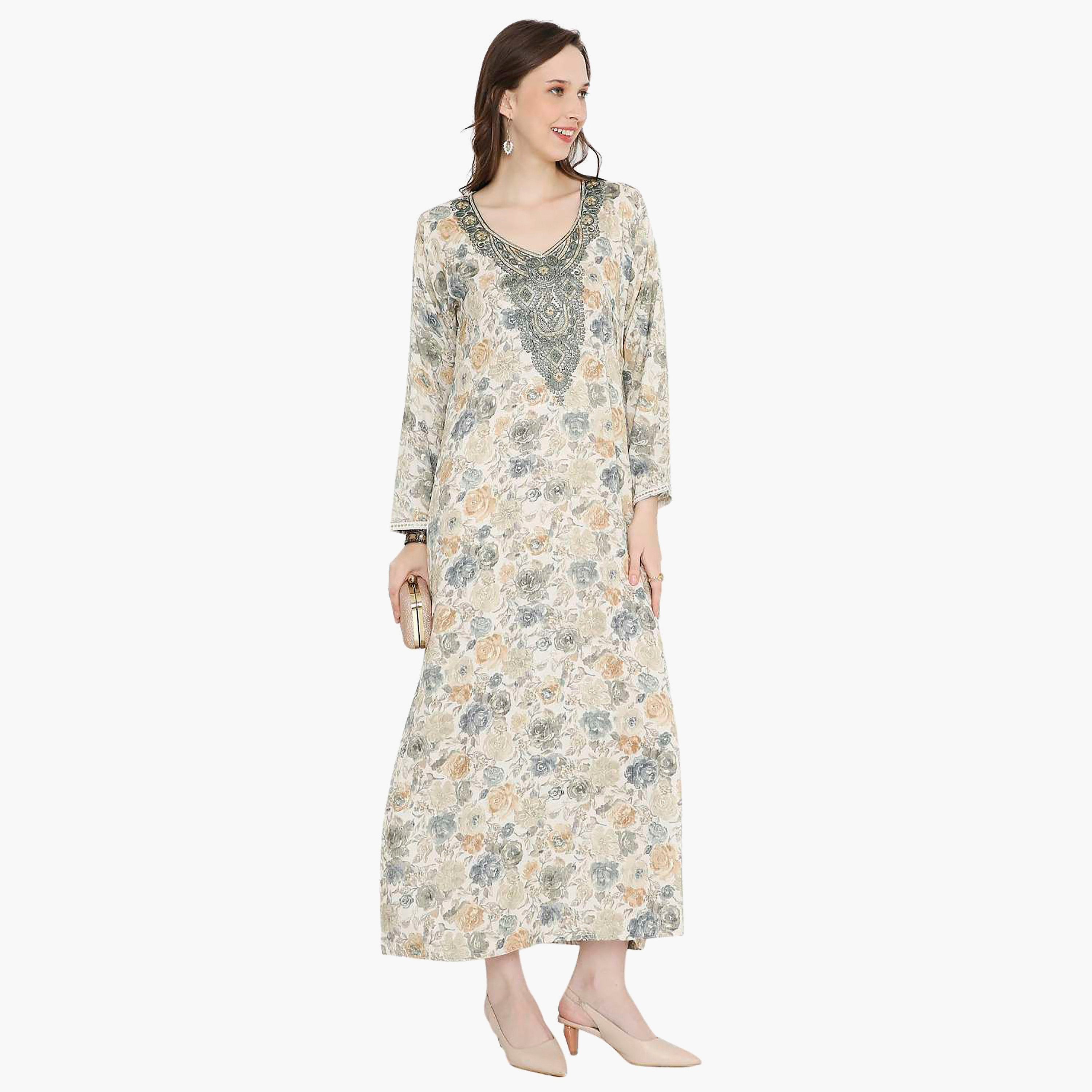 Hana & Sara Floral Embroidered Knot Neck Detail Women's Jalabiya-women-arabicclothing-jalabiyas-image-9