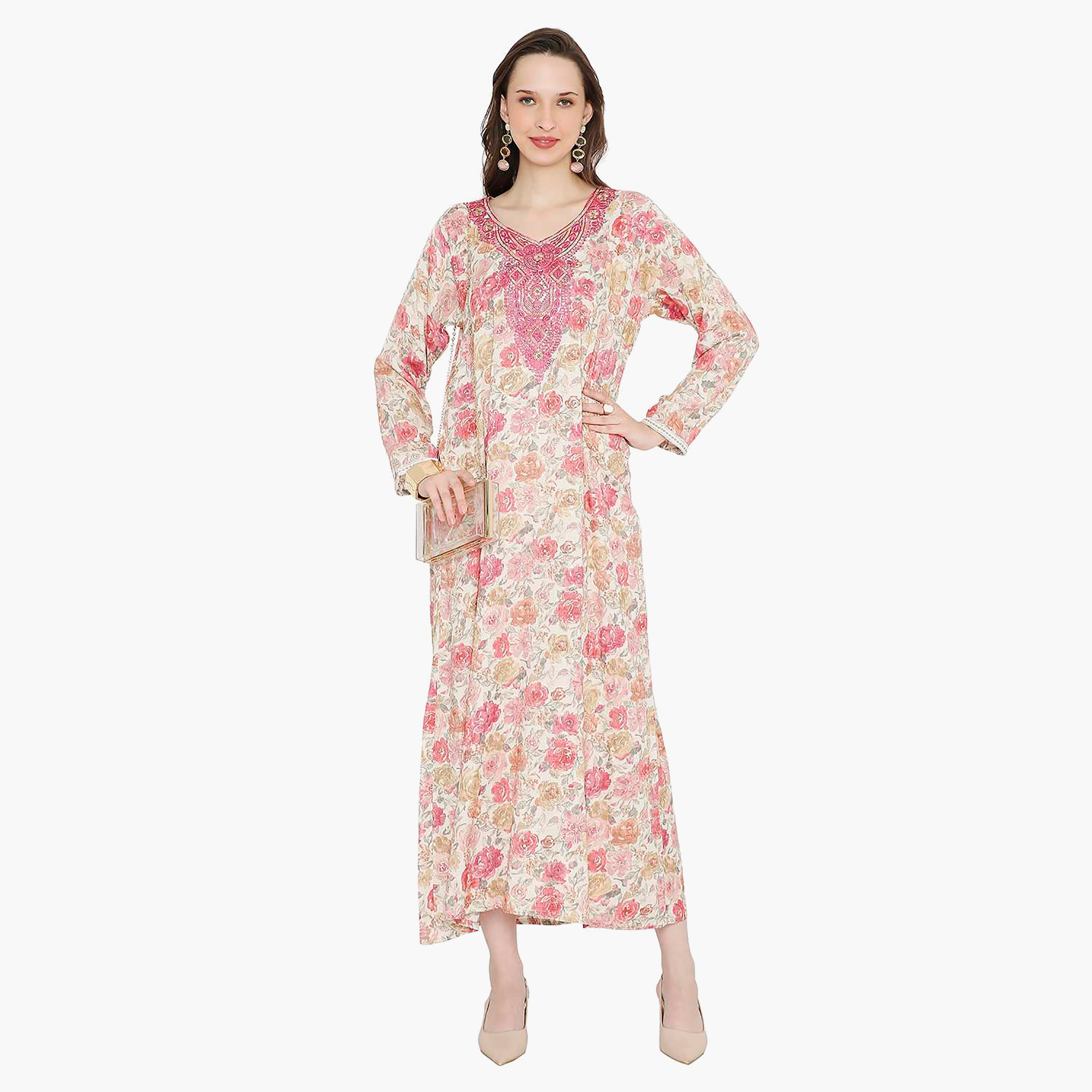 Hana & Sara Floral Embroidered Knot Neck Detail Women's Jalabiya-women-arabicclothing-jalabiyas-image-11