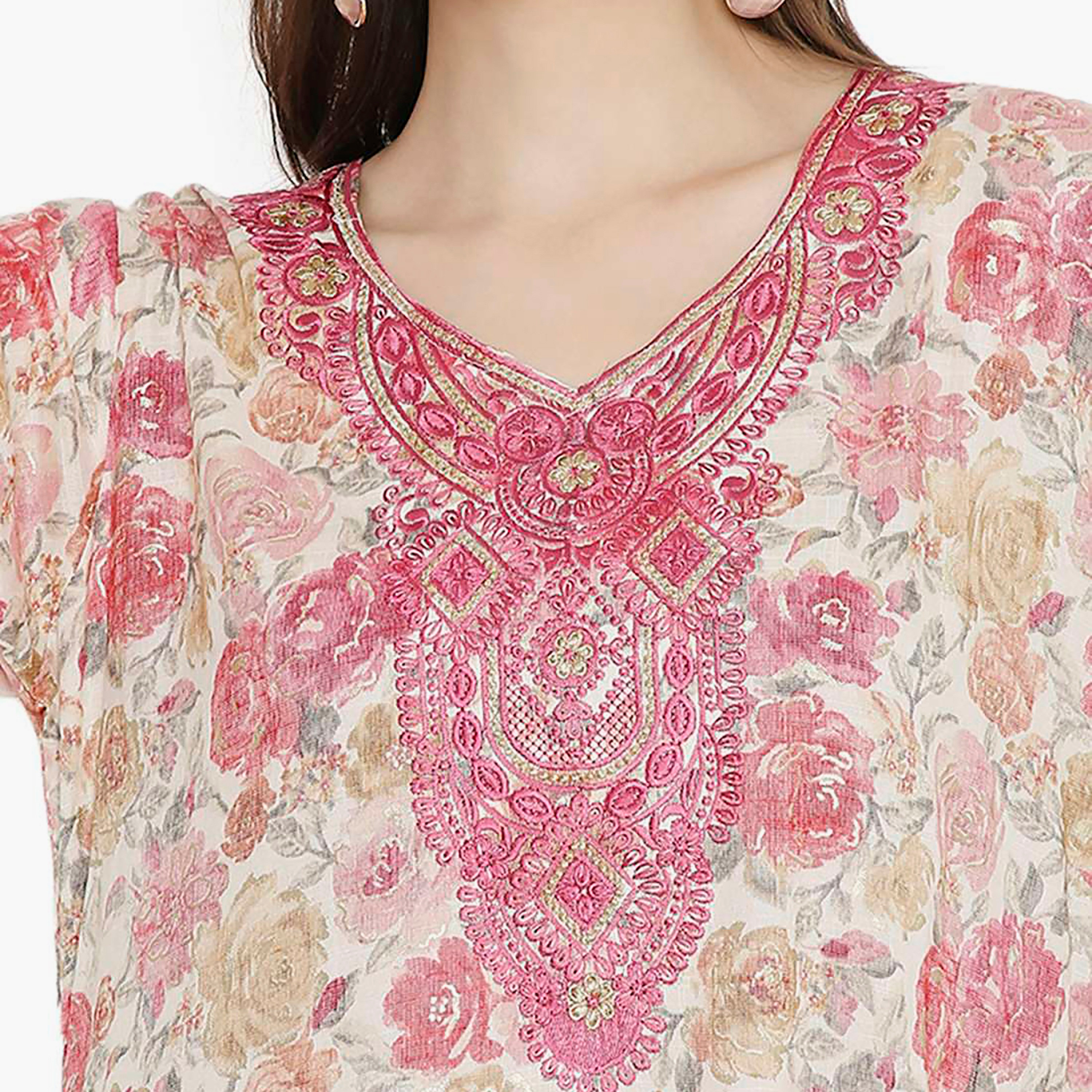 Hana & Sara Floral Embroidered Knot Neck Detail Women's Jalabiya-women-arabicclothing-jalabiyas-image-12