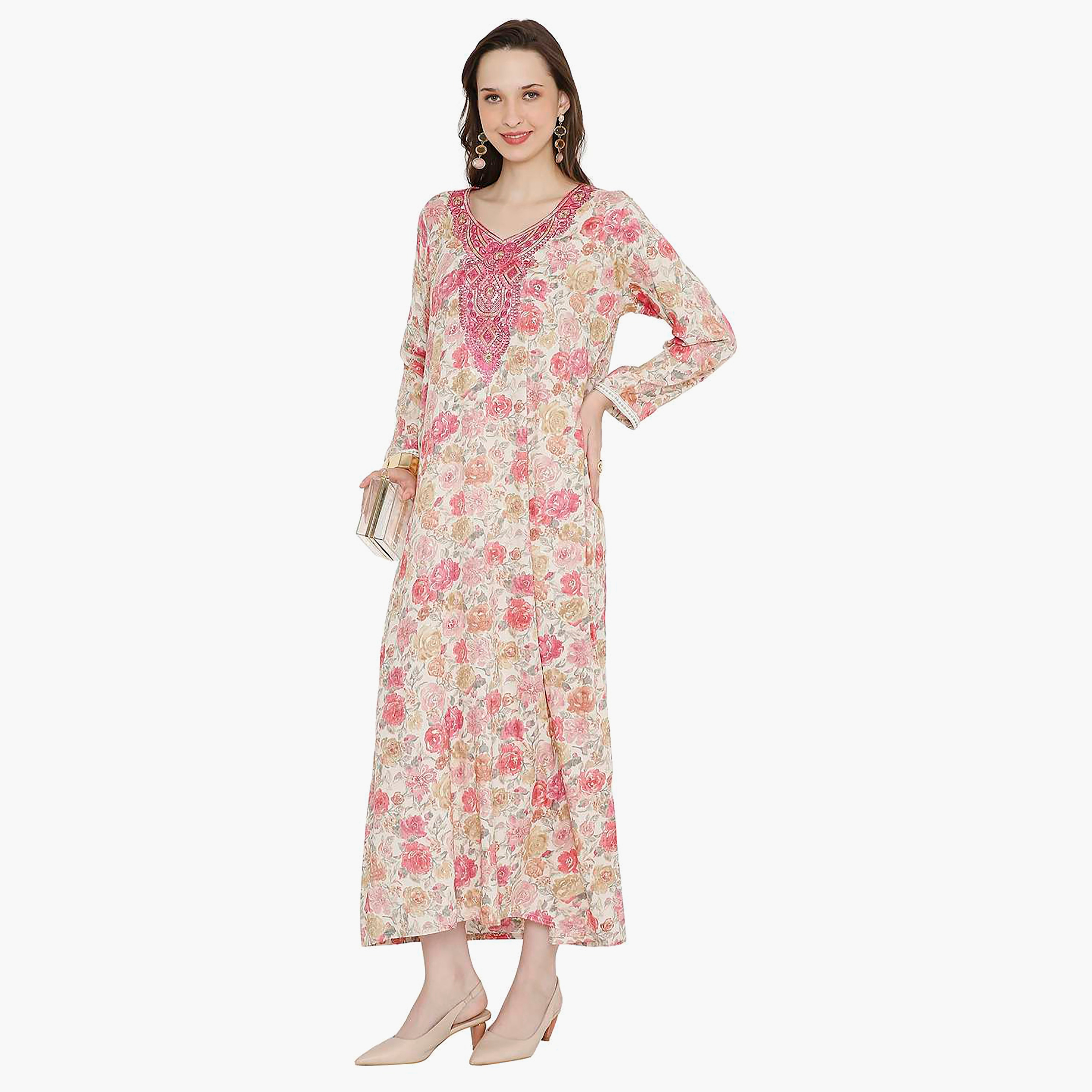 Hana & Sara Floral Embroidered Knot Neck Detail Women's Jalabiya-women-arabicclothing-jalabiyas-image-13