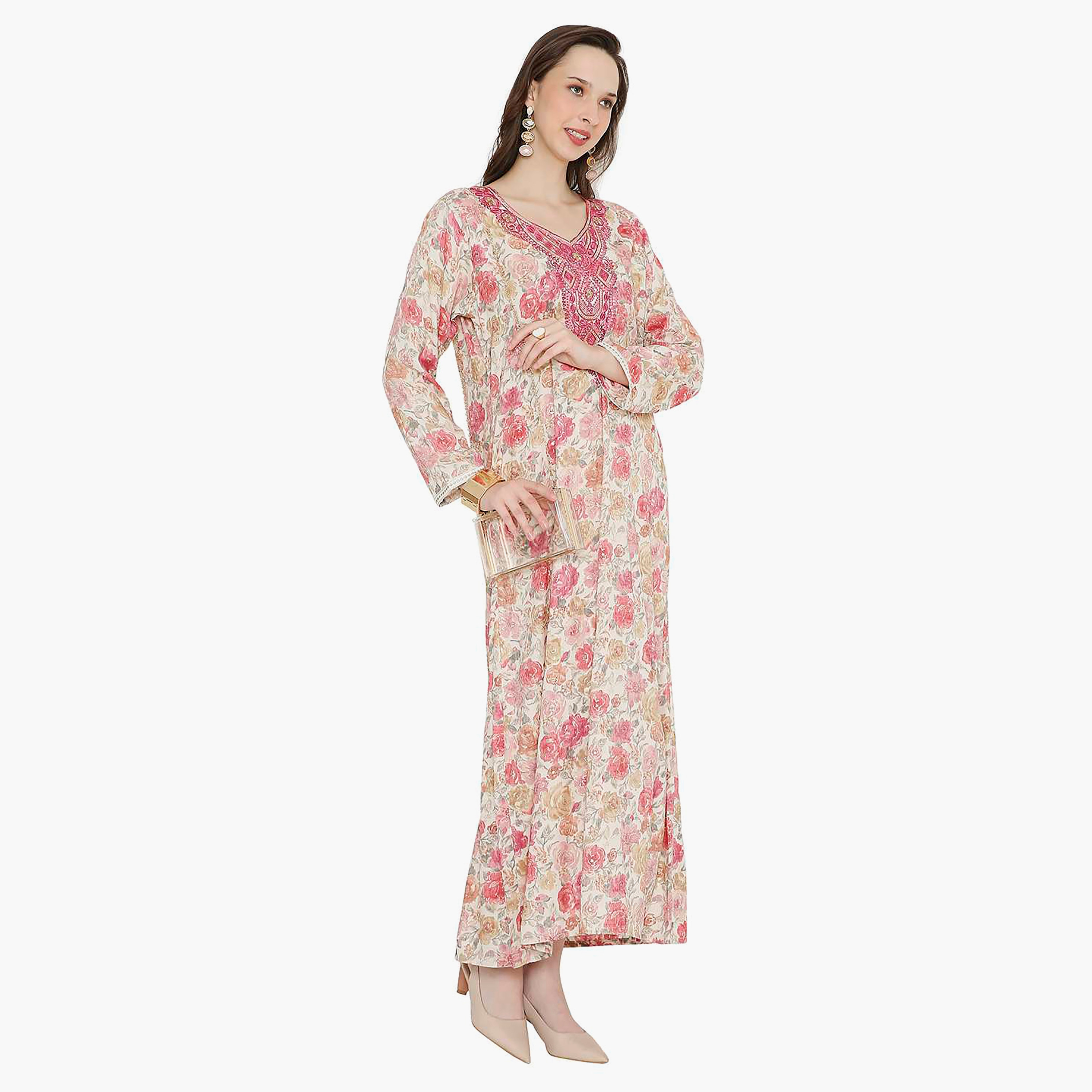 Hana & Sara Floral Embroidered Knot Neck Detail Women's Jalabiya-women-arabicclothing-jalabiyas-image-14