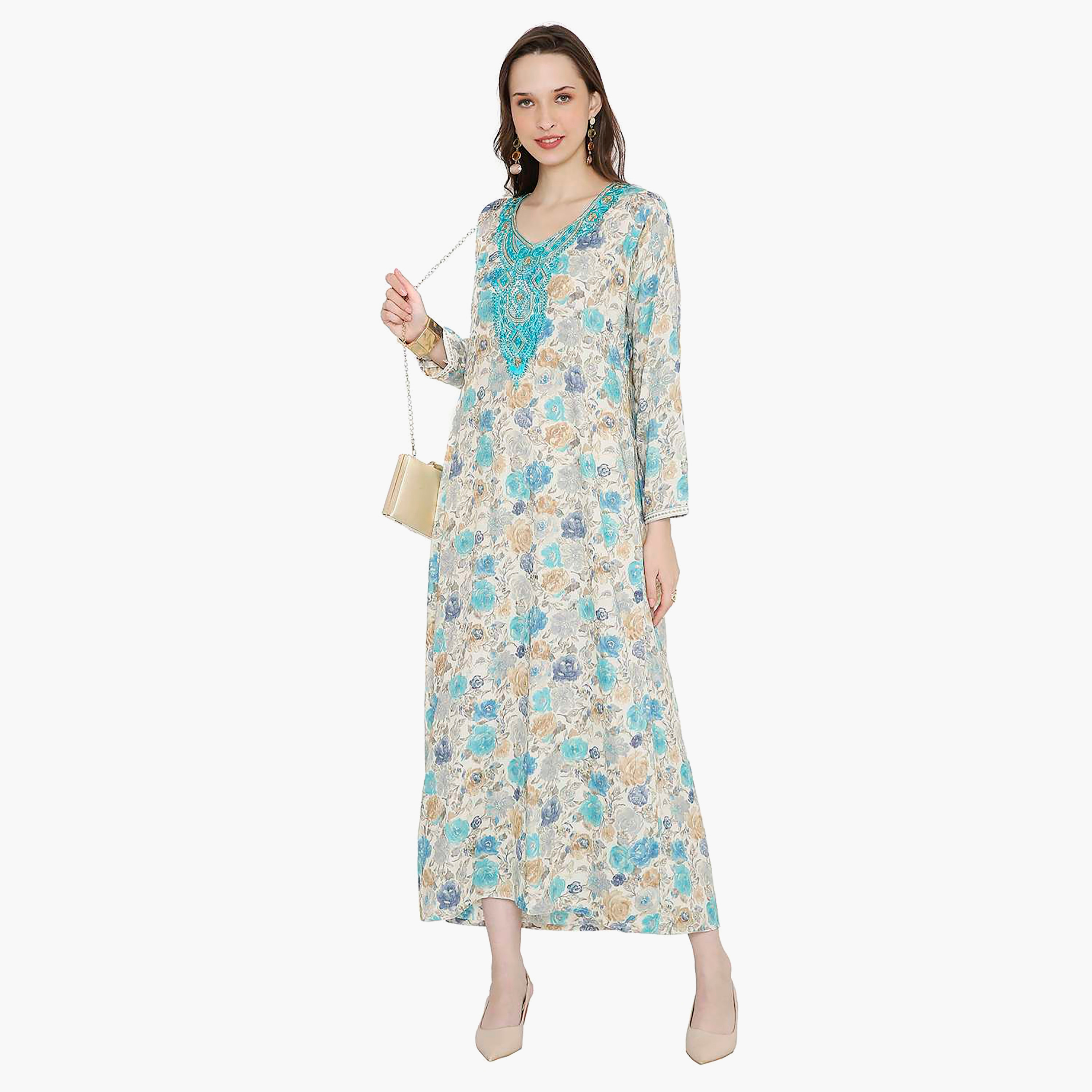 Hana & Sara Floral Embroidered Knot Neck Detail Women's Jalabiya-women-arabicclothing-jalabiyas-image-16