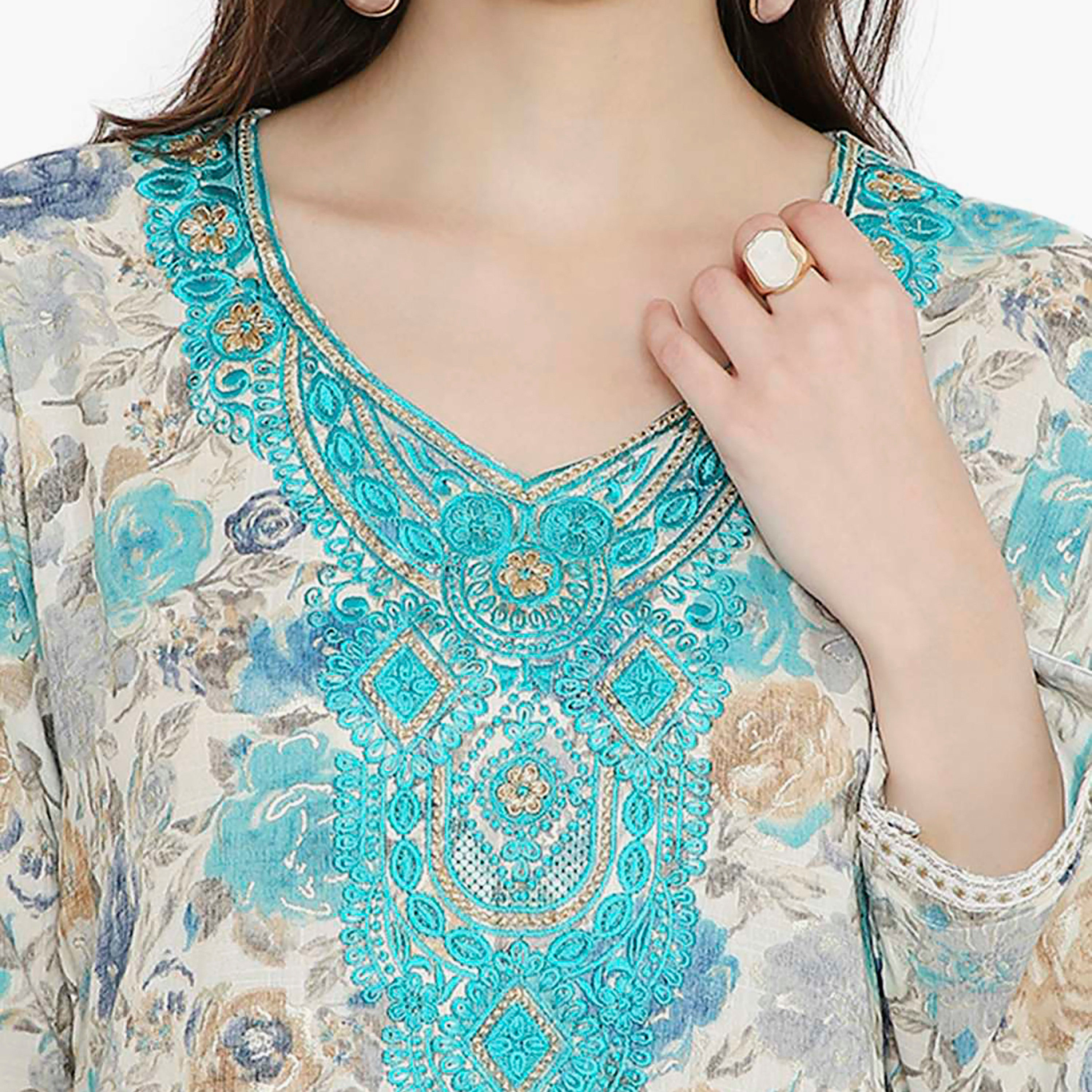 Hana & Sara Floral Embroidered Knot Neck Detail Women's Jalabiya-women-arabicclothing-jalabiyas-image-17