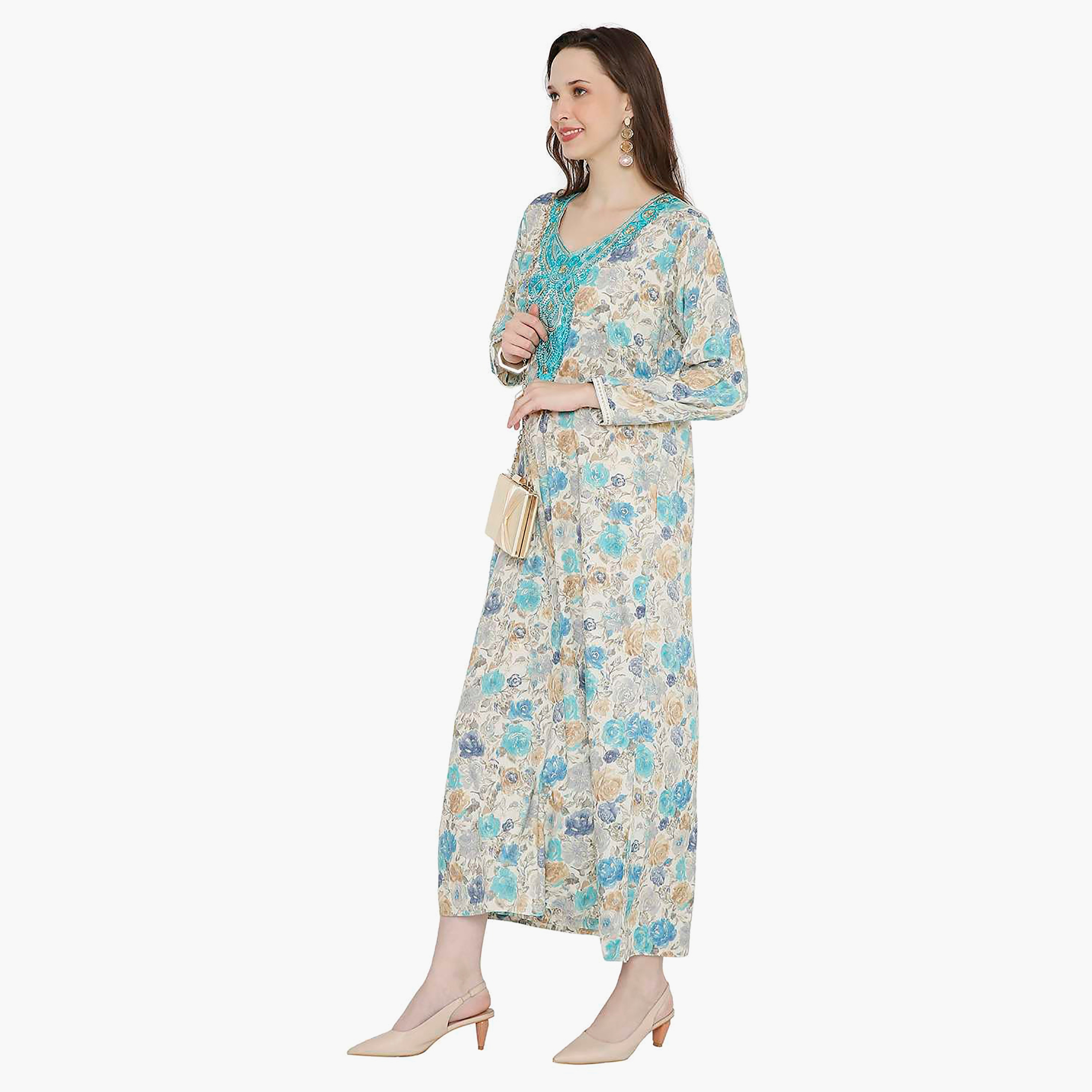 Hana & Sara Floral Embroidered Knot Neck Detail Women's Jalabiya-women-arabicclothing-jalabiyas-image-18