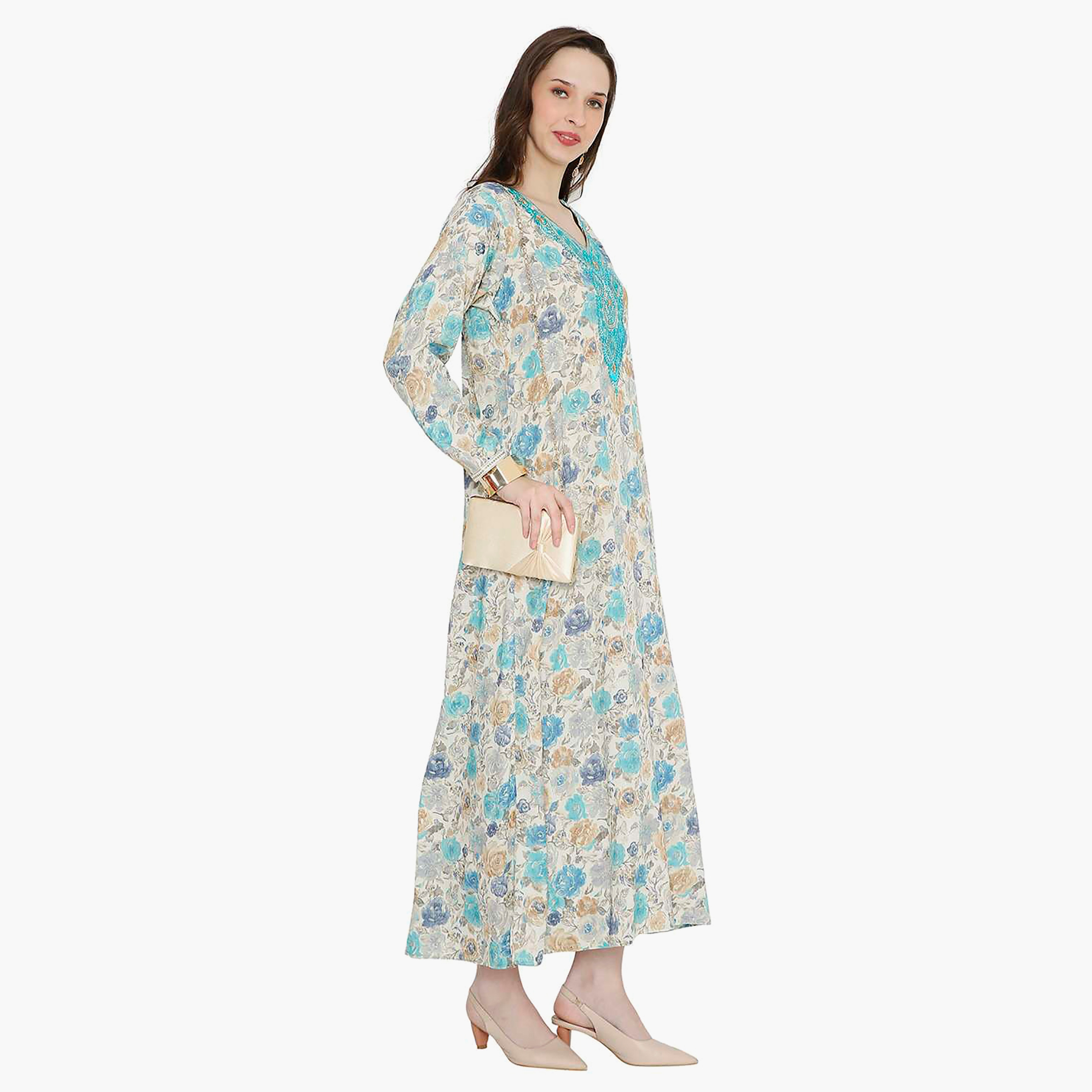 Hana & Sara Floral Embroidered Knot Neck Detail Women's Jalabiya-women-arabicclothing-jalabiyas-image-19
