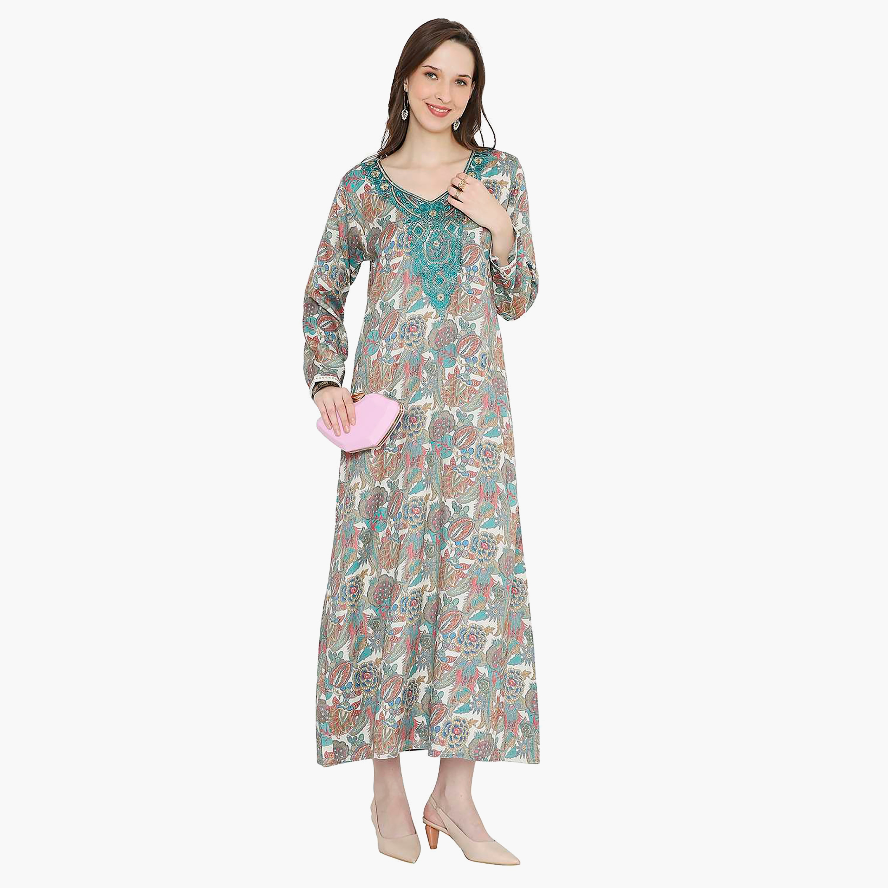Hana & Sara Floral Embroidered Knot Neck Detail Women's Jalabiya-women-arabicclothing-jalabiyas-image-1