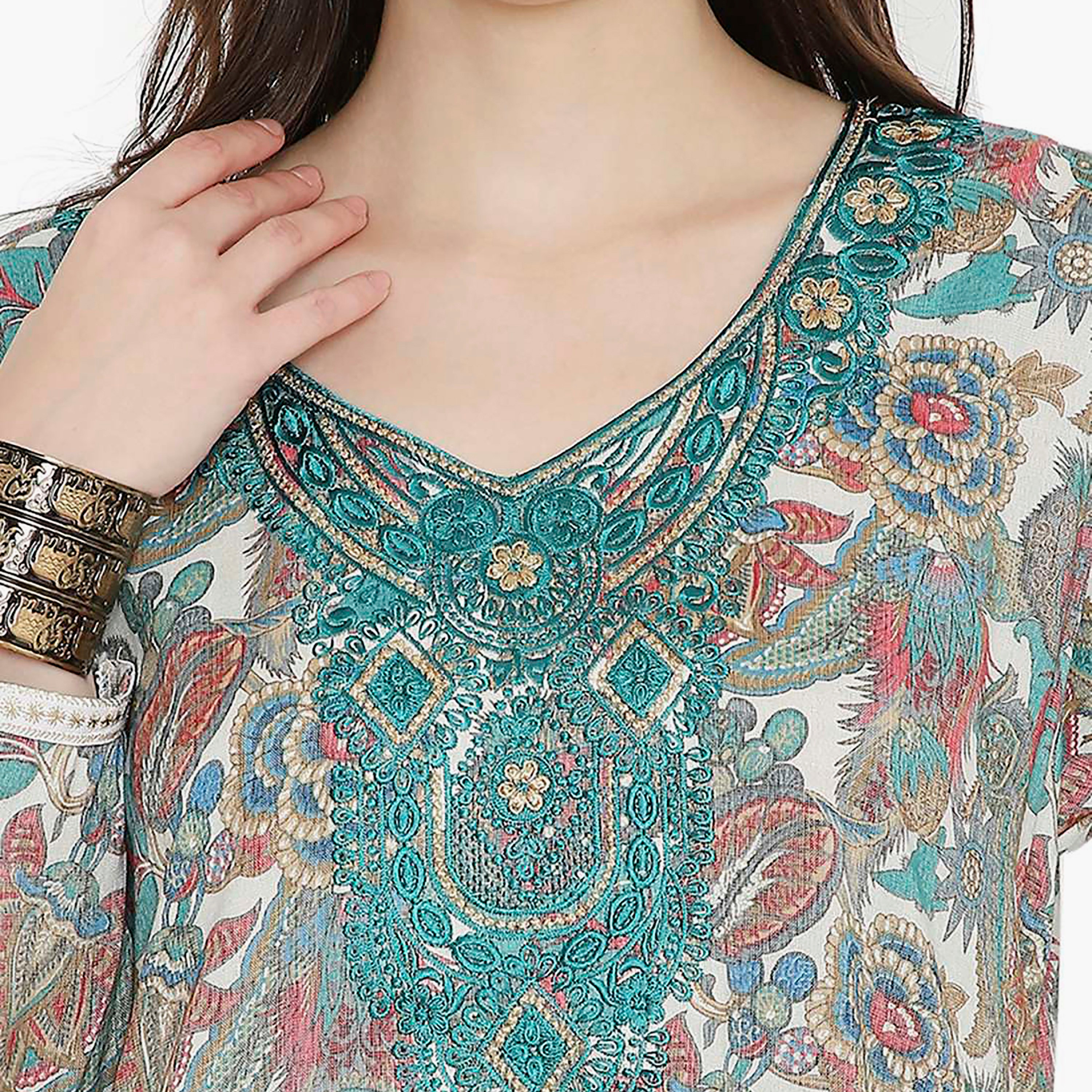 Hana & Sara Floral Embroidered Knot Neck Detail Women's Jalabiya-women-arabicclothing-jalabiyas-image-2