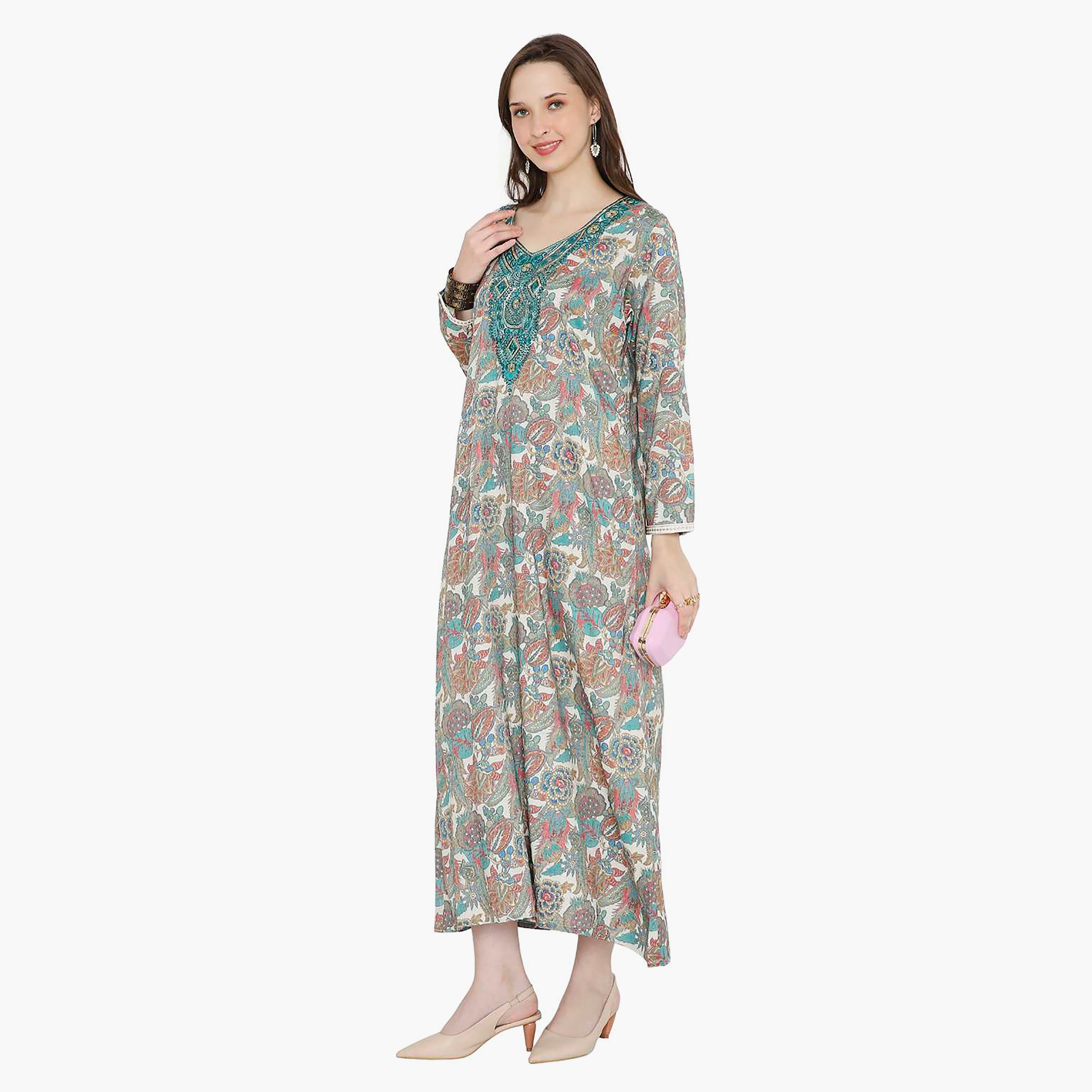 Hana & Sara Floral Embroidered Knot Neck Detail Women's Jalabiya-women-arabicclothing-jalabiyas-image-3