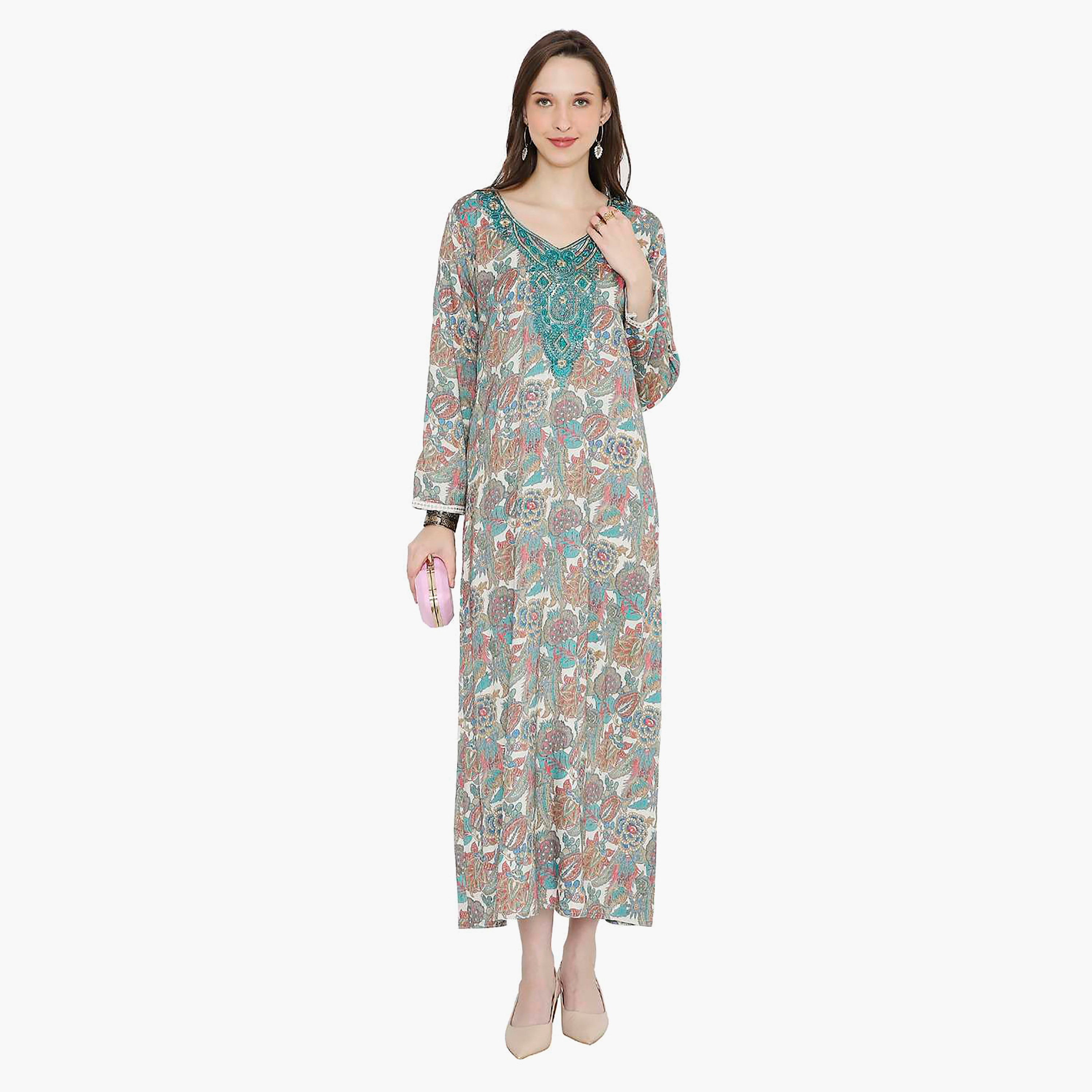 Hana & Sara Floral Embroidered Knot Neck Detail Women's Jalabiya-women-arabicclothing-jalabiyas-image-4